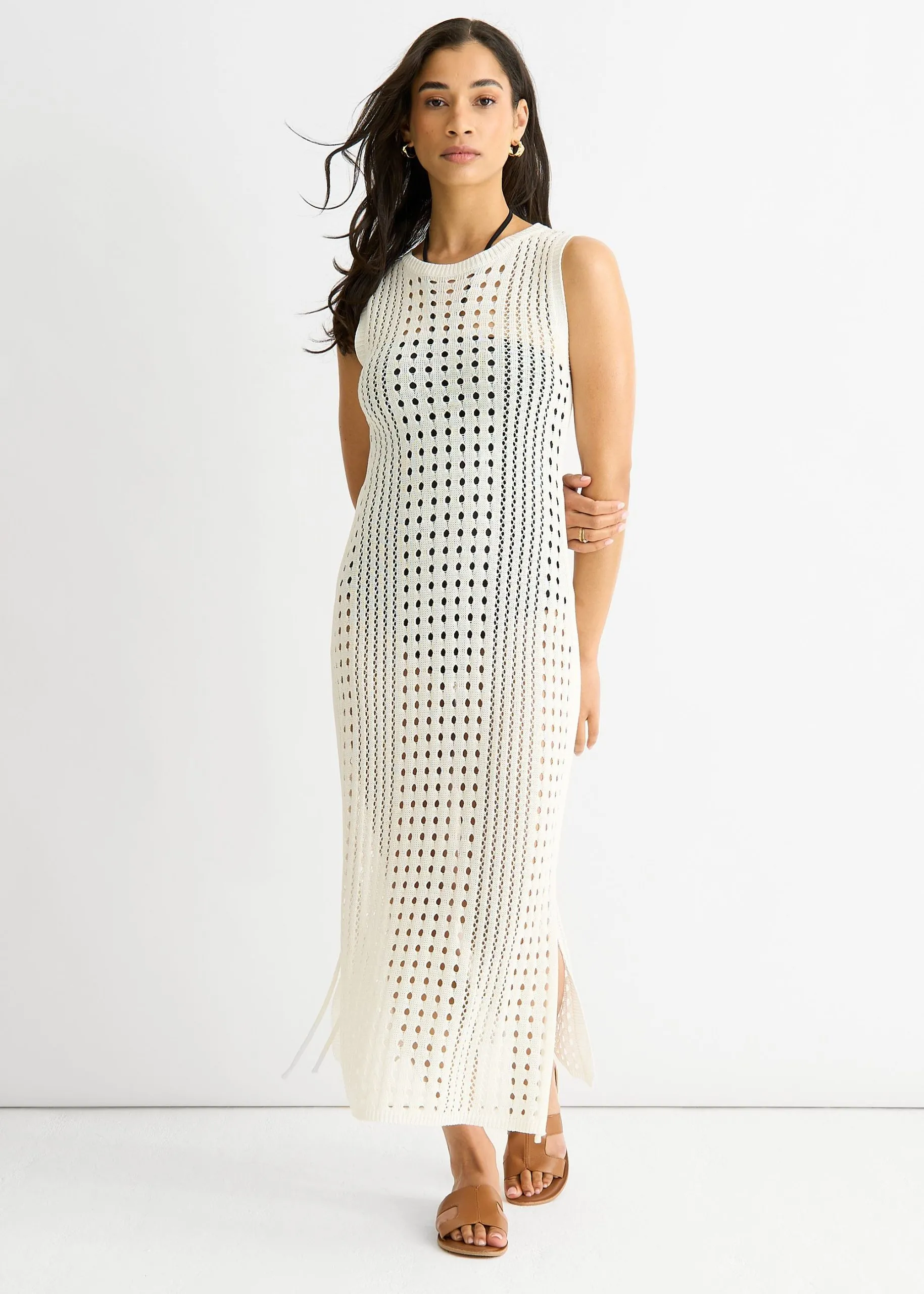 White Crochet Knit Bodycon Midi Dress