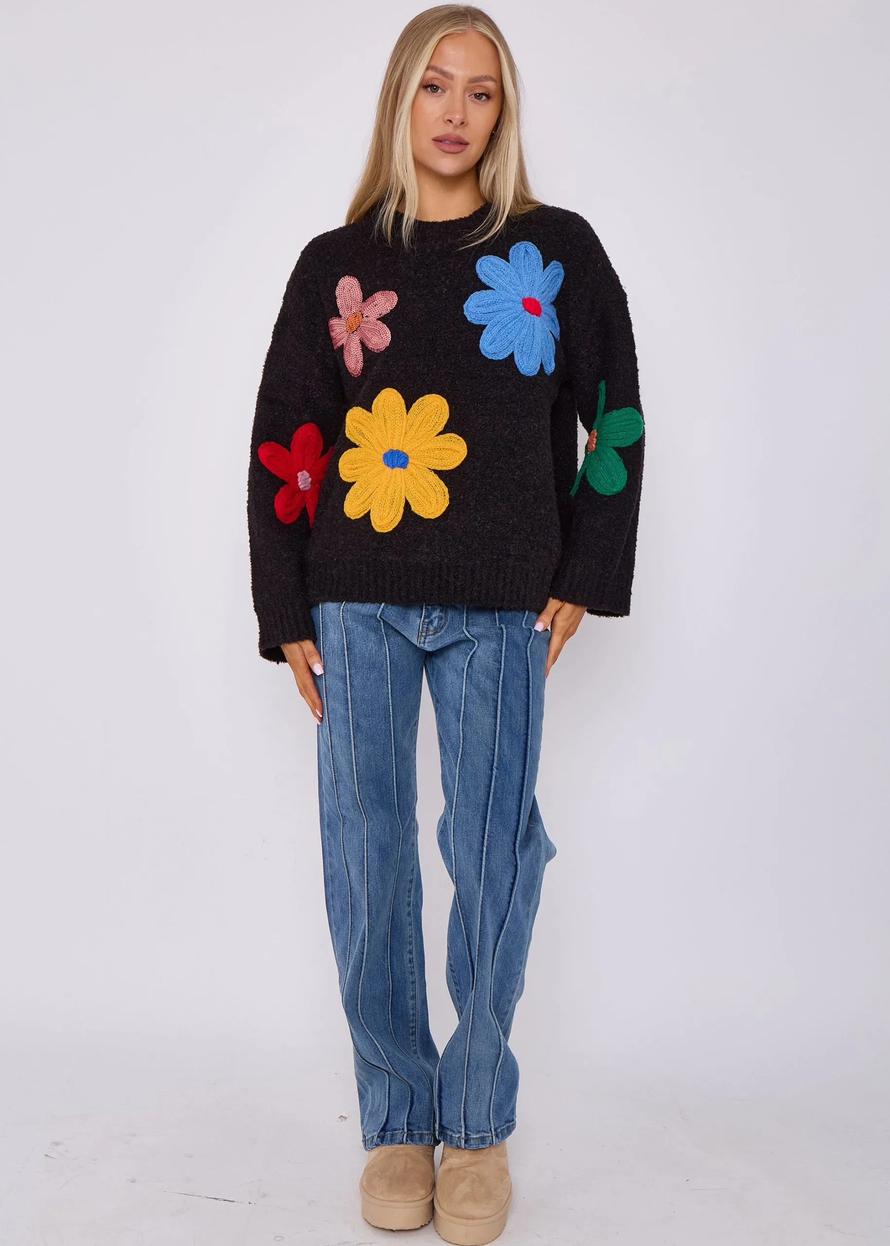 Black Floral Applique Oversized Jumper