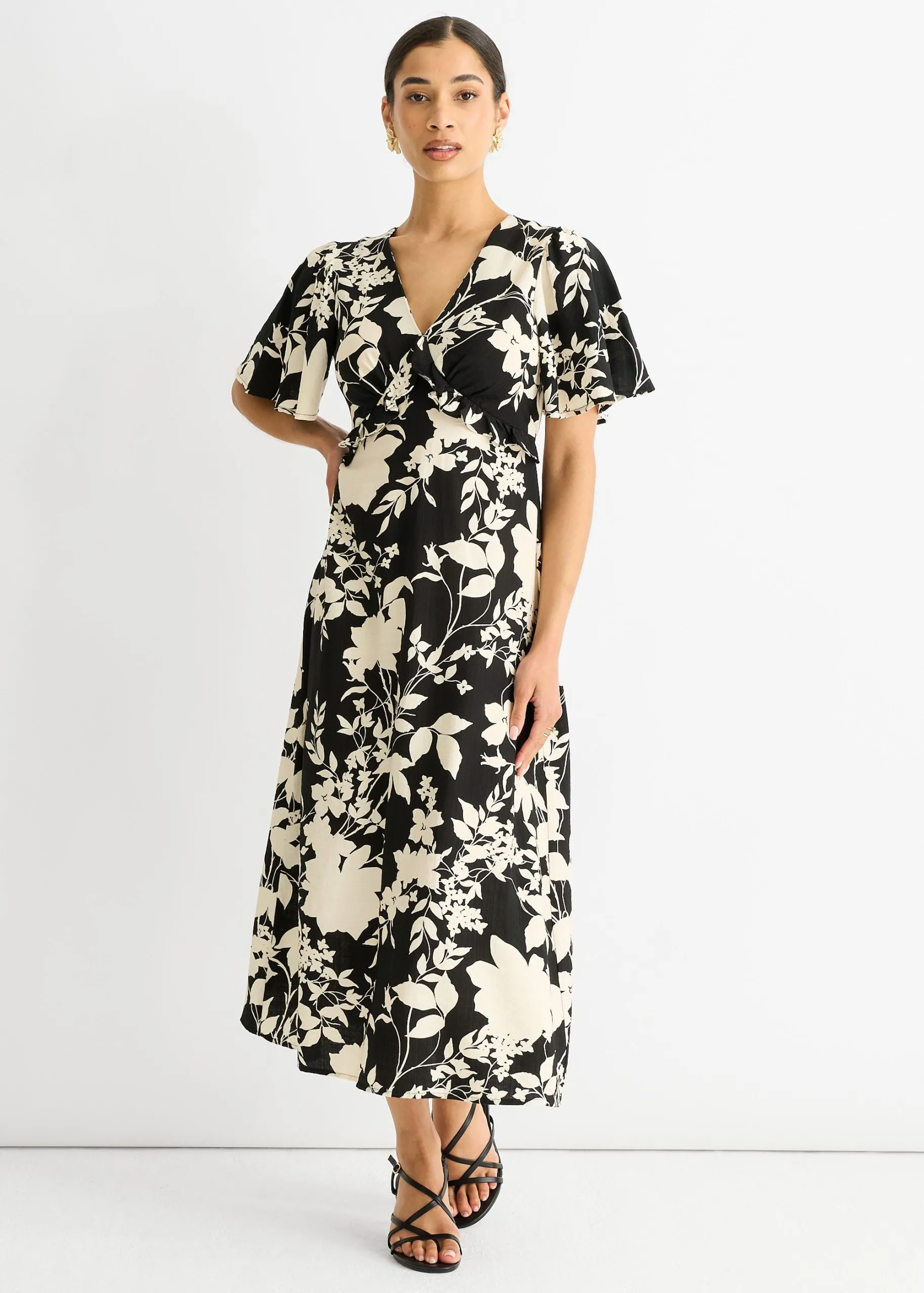 Mono Ruffle V Neck Viscose Midi Dress