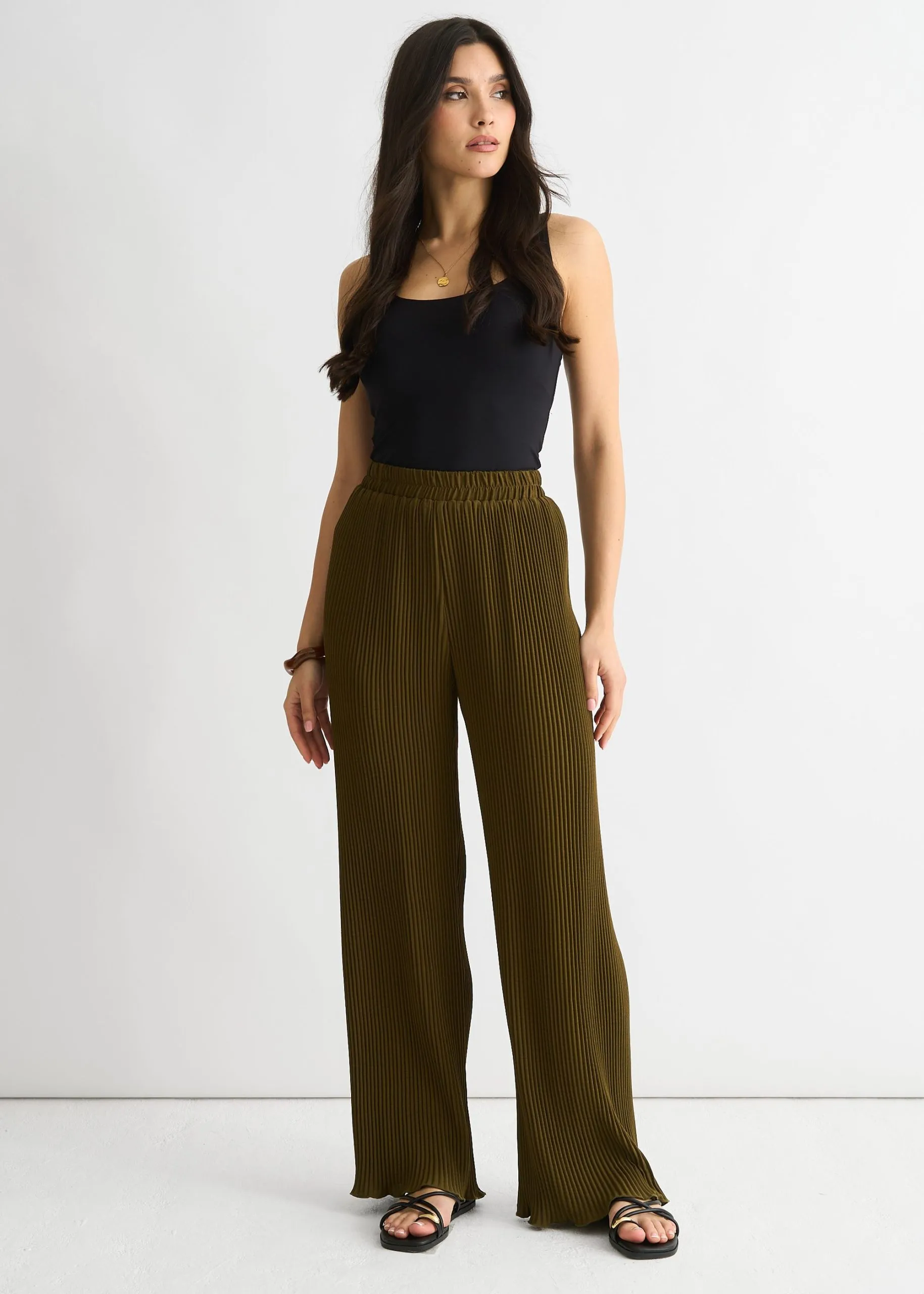 Olive Plisse Loungewear Wide Leg Trouser
