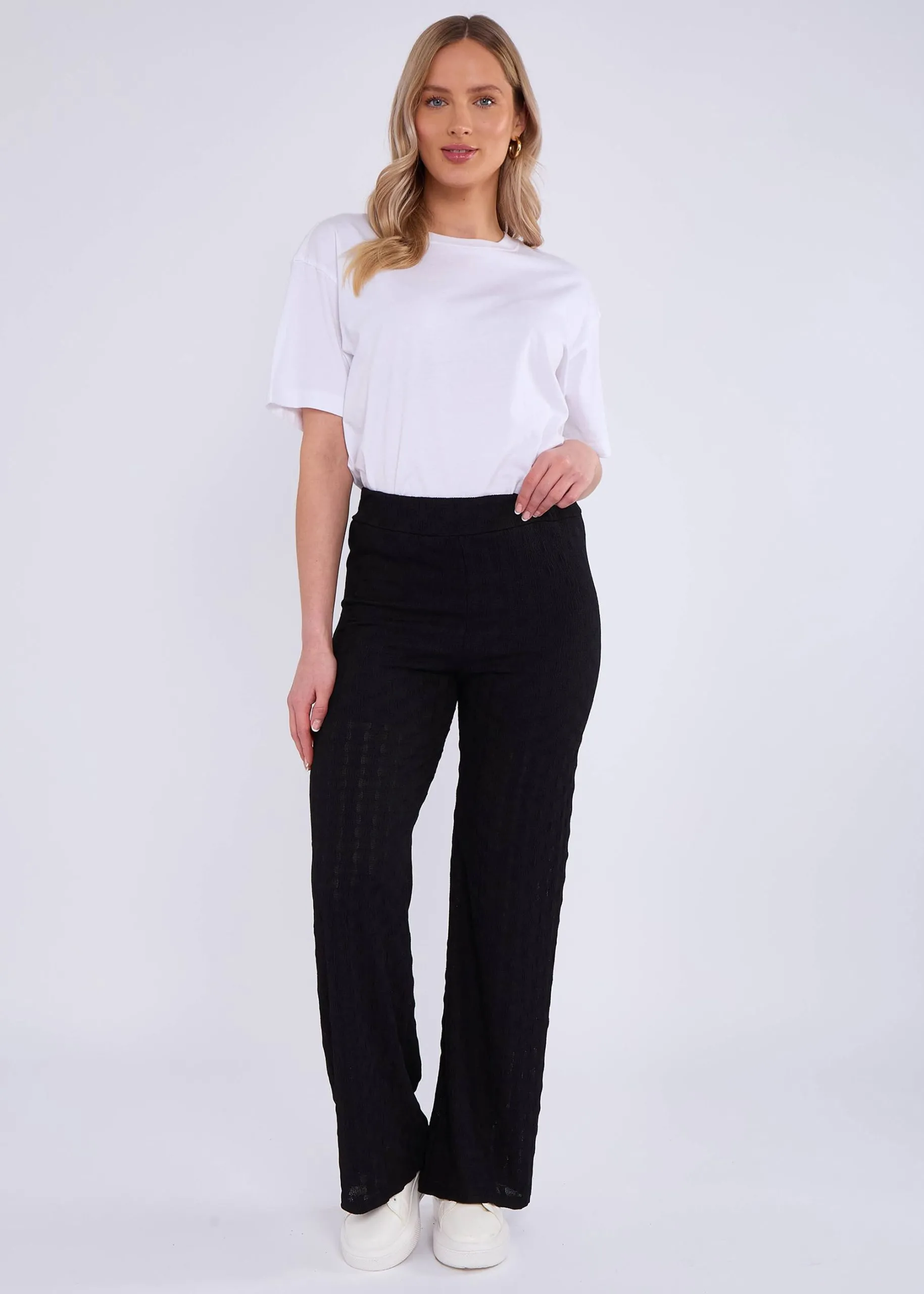 Black Textured Elasticated Waist Flared Trousers