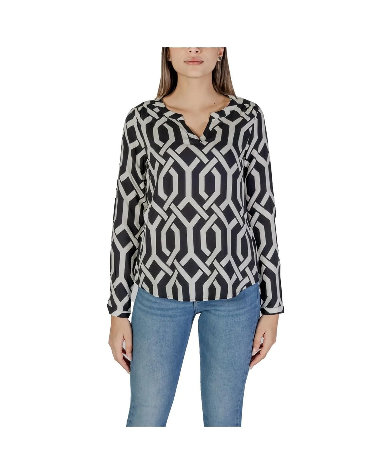 Geometric Print Blouse Long Sleeve VNeck Top- Black Shirts