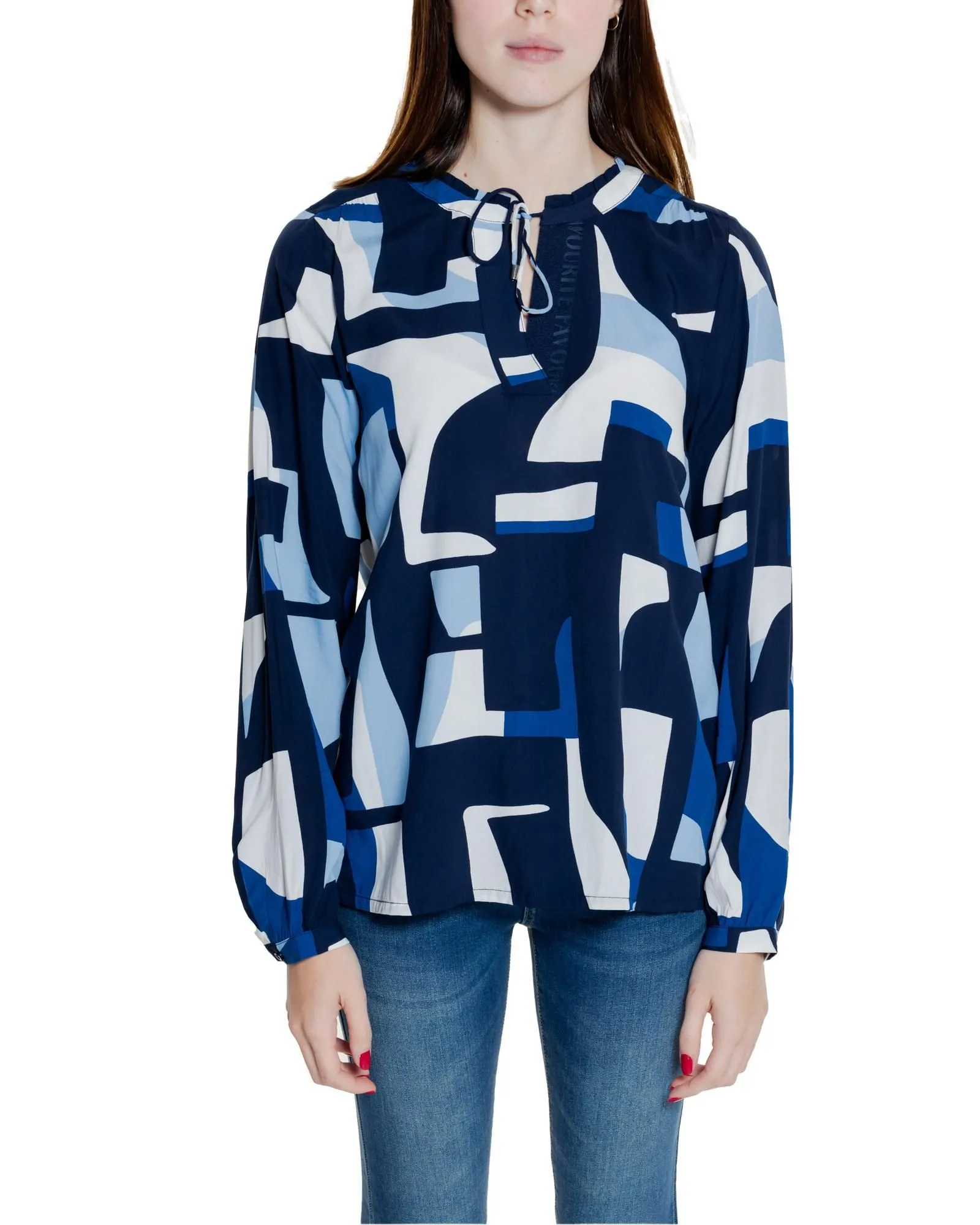 Geometric V-Neck Blouse with Lace Fastening in Blue