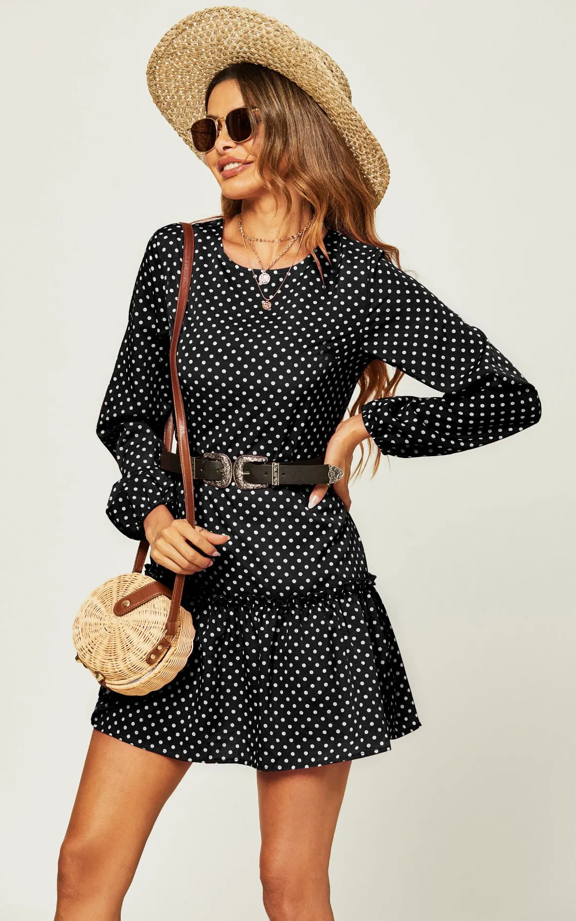 White Polka Dot Print High Neck Long Sleeve Frill Detail Pleated Skirt Midi Dress