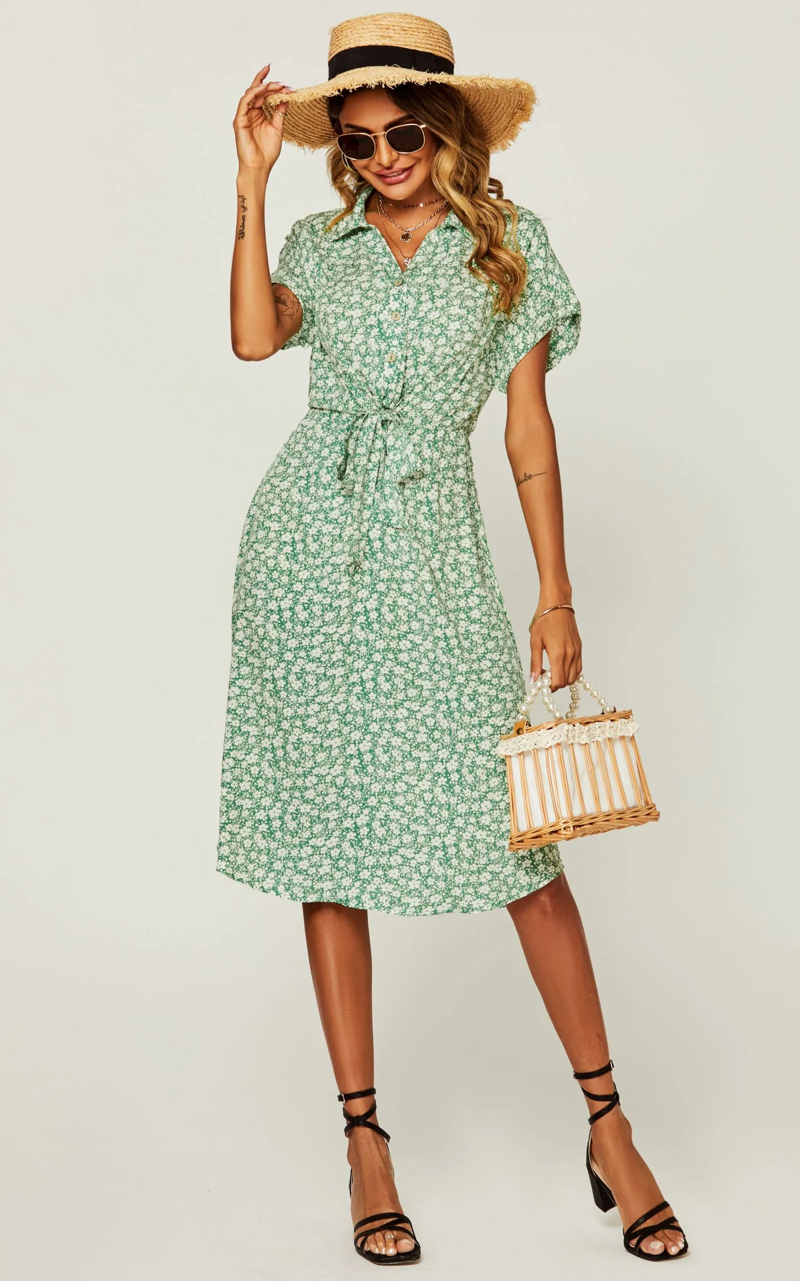 Relaxed Floral Print Button Down Midi Shirt Dress