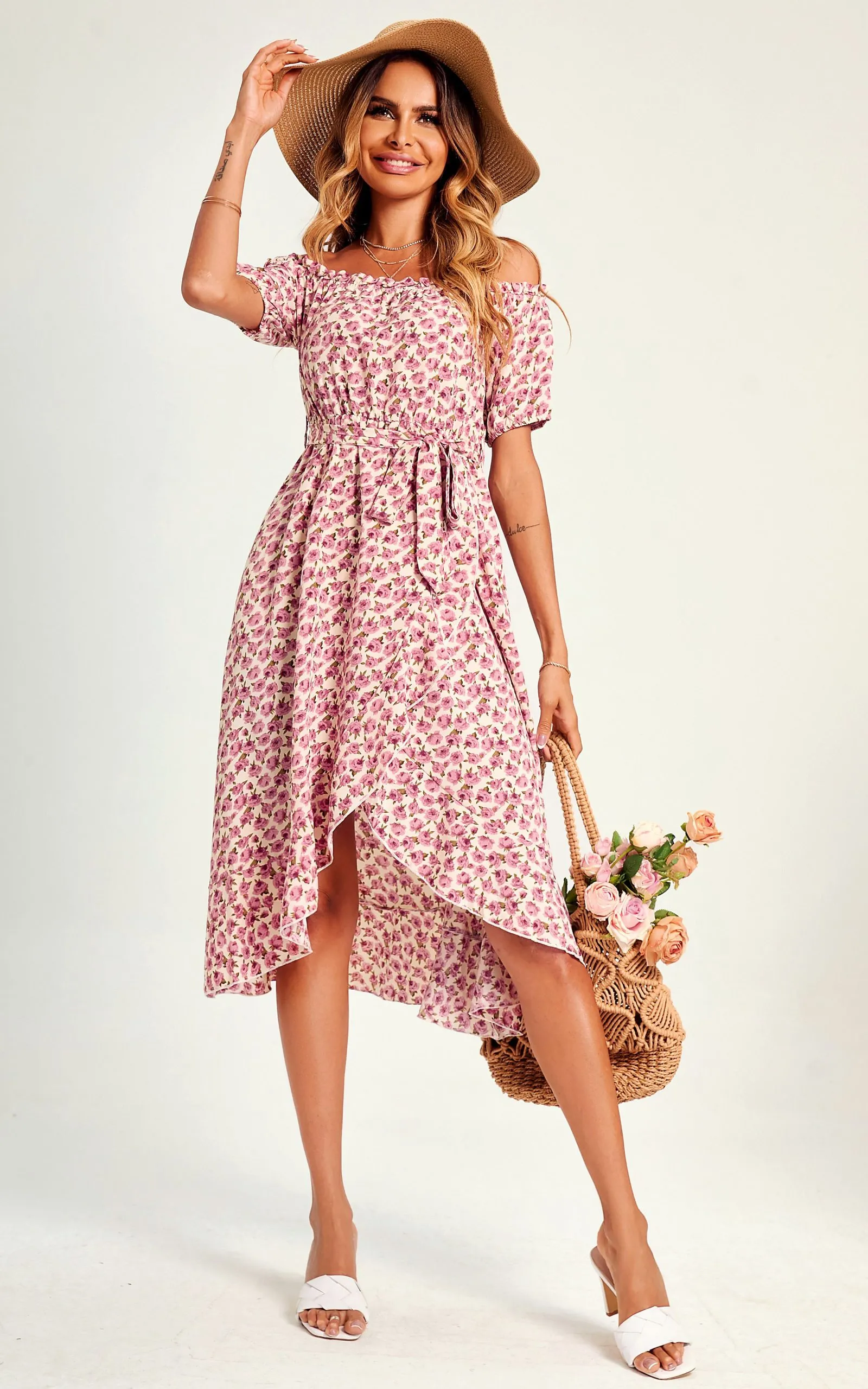 Rose Garden Bardot Frill High Low Slip Midi Dress In Pink