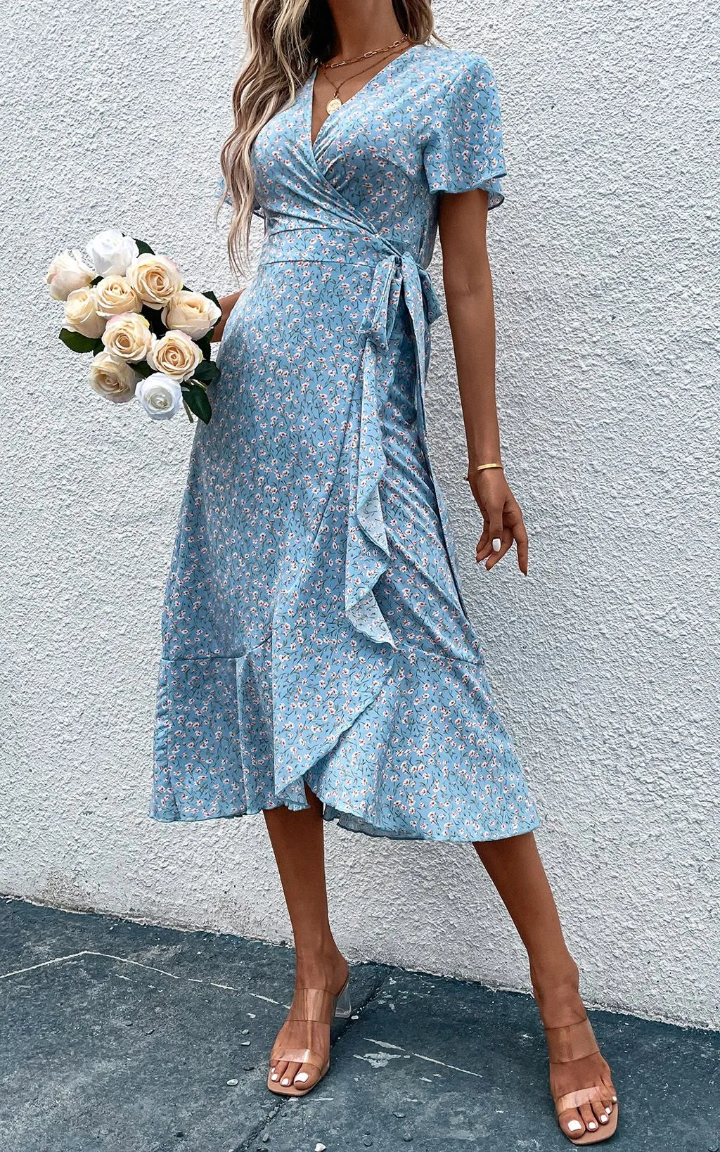 Floral Print Wrap Hem Midi Dress In Light Blue