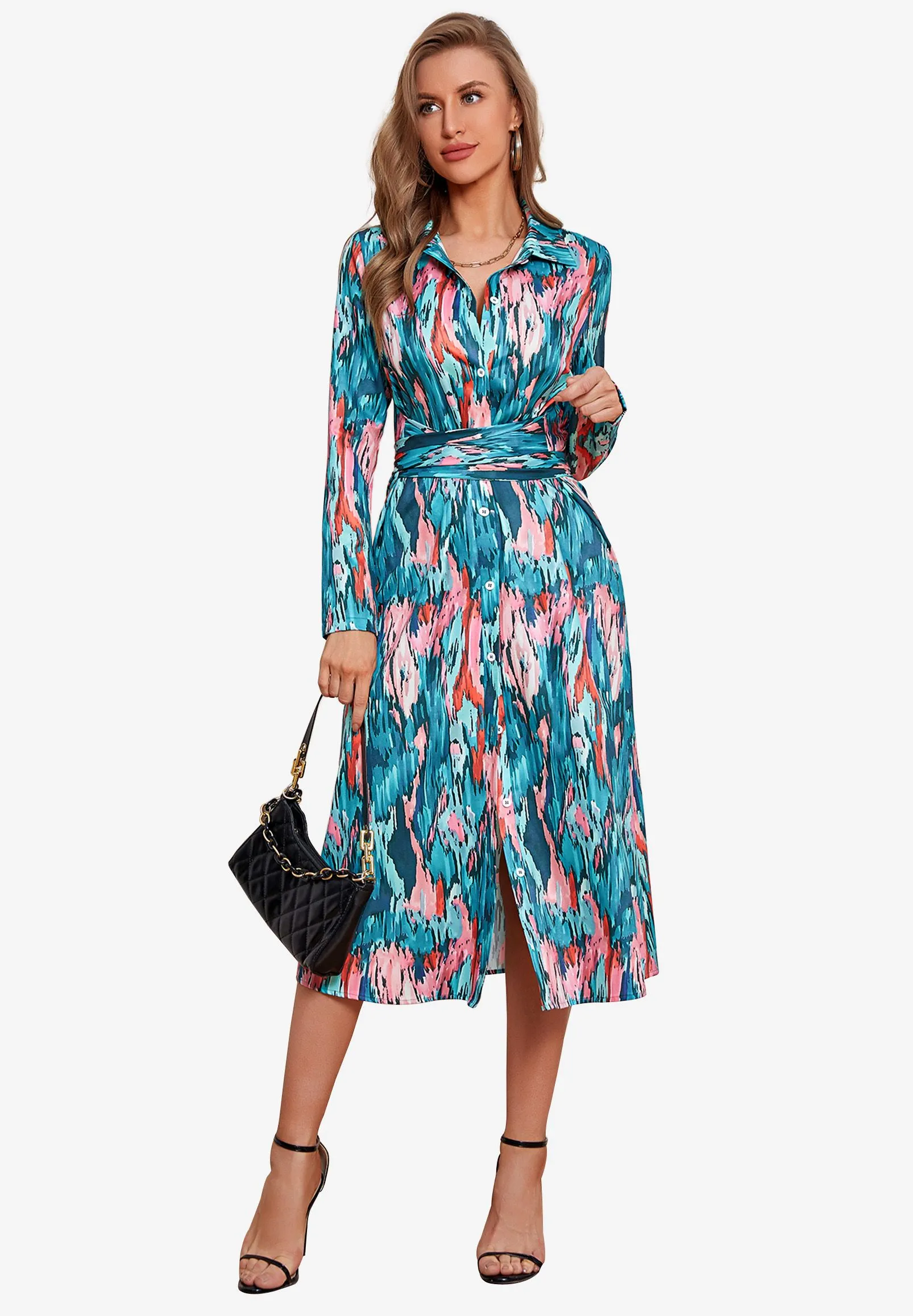Relaxed Long Sleeve Wrap Waist Midi Shirt Dress