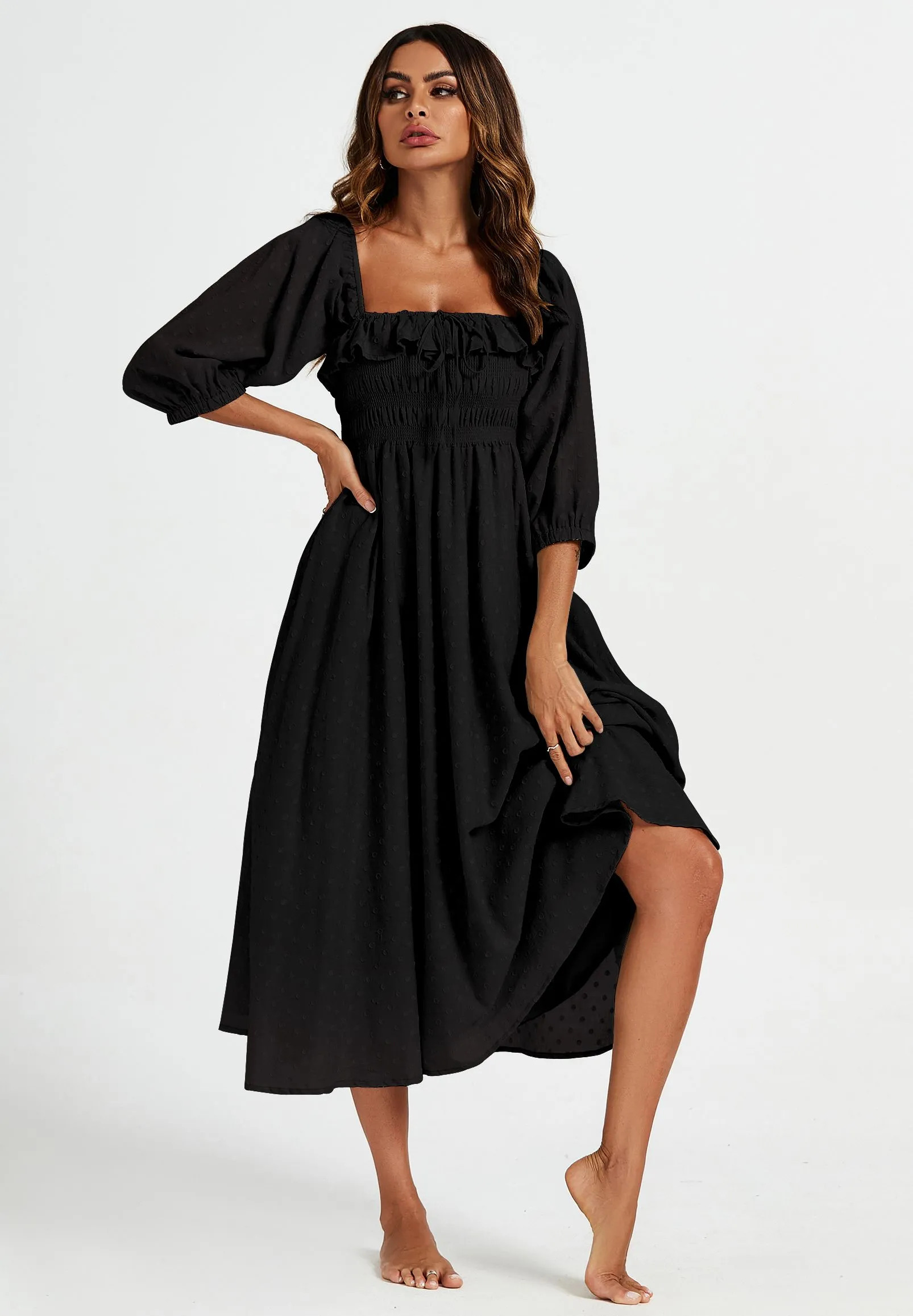 Frill Detail Square Neckline Midi Dress In Black
