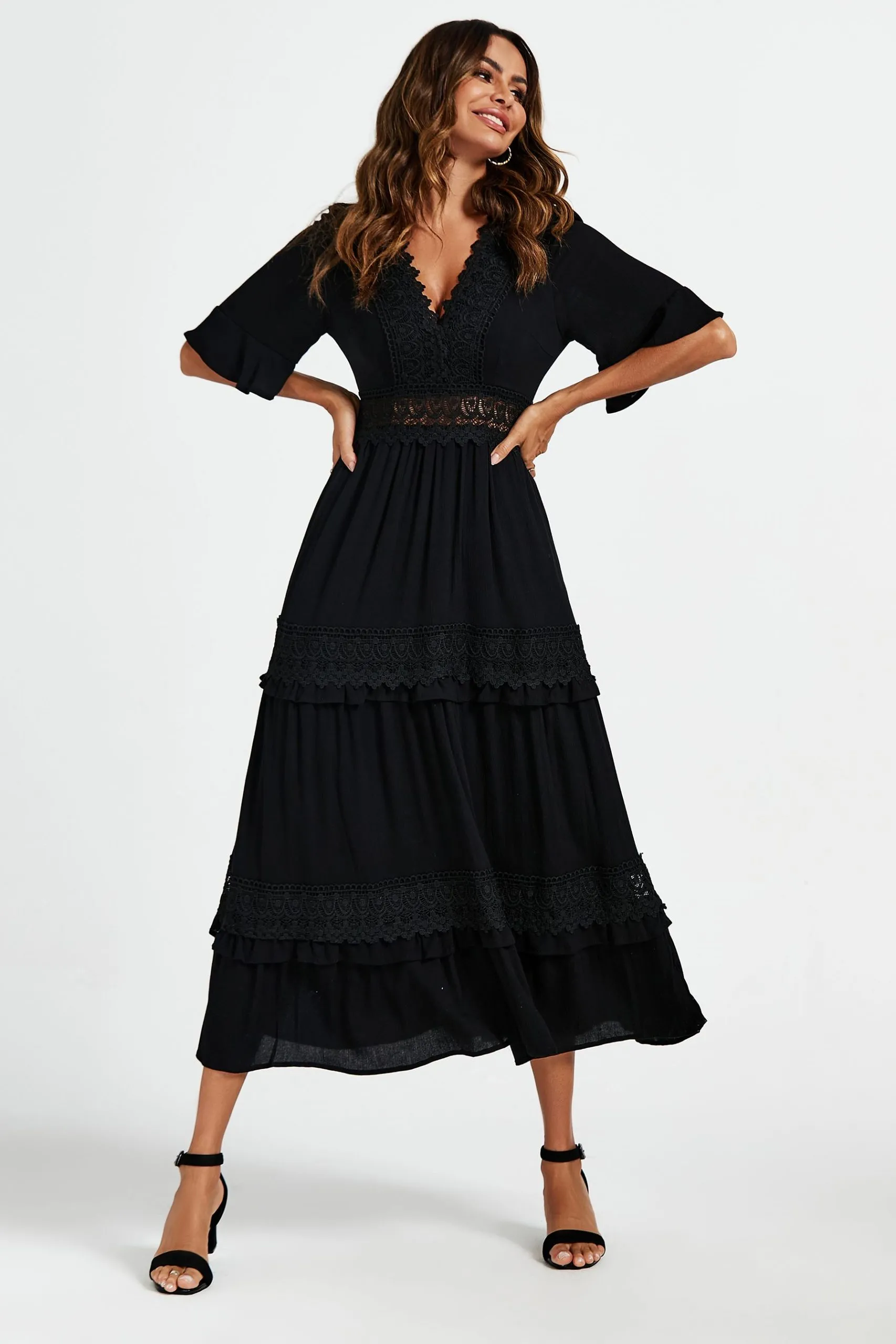 V Neck Lace Detail Maxi Dress In Black
