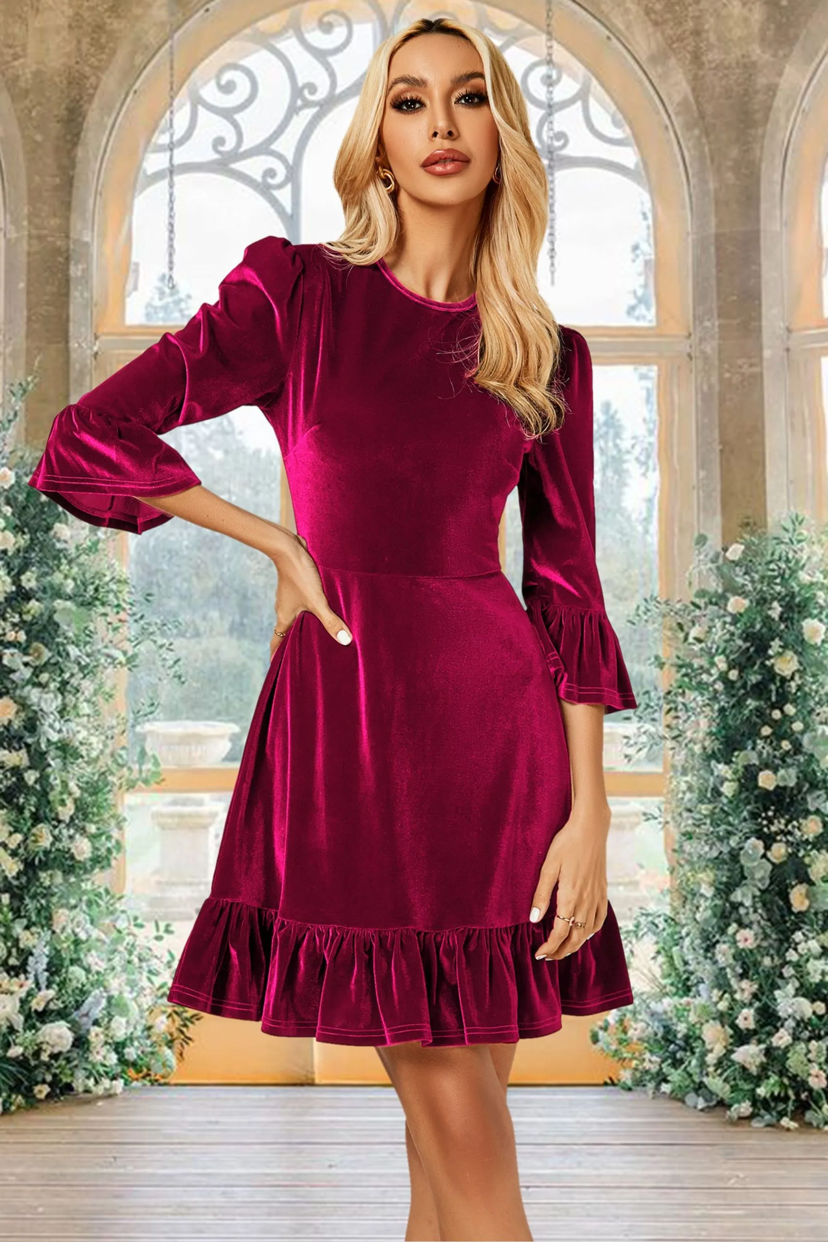 Velvet Frill Detail Mini Dress In Violet Red