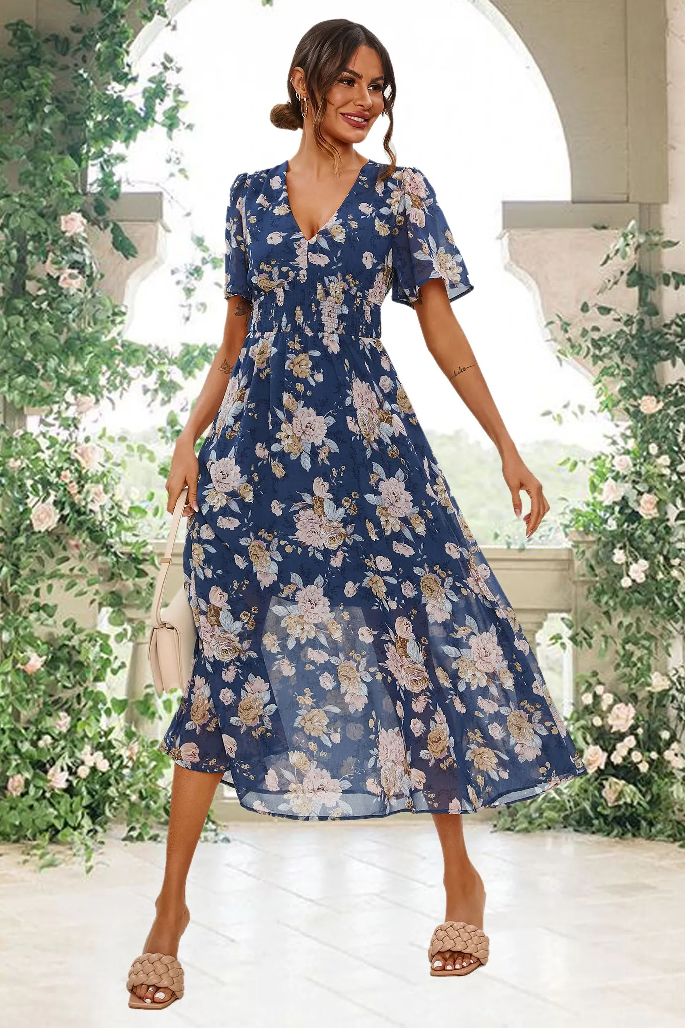Floral Print Angel Sleeve Maxi Dress In Blue