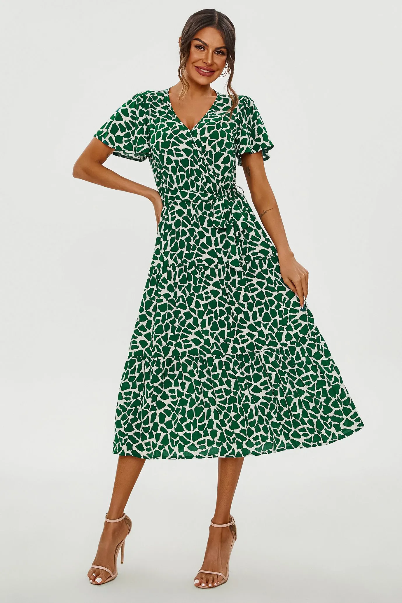 Geo Print Hem Tiered Wrap Midi Dress In Green