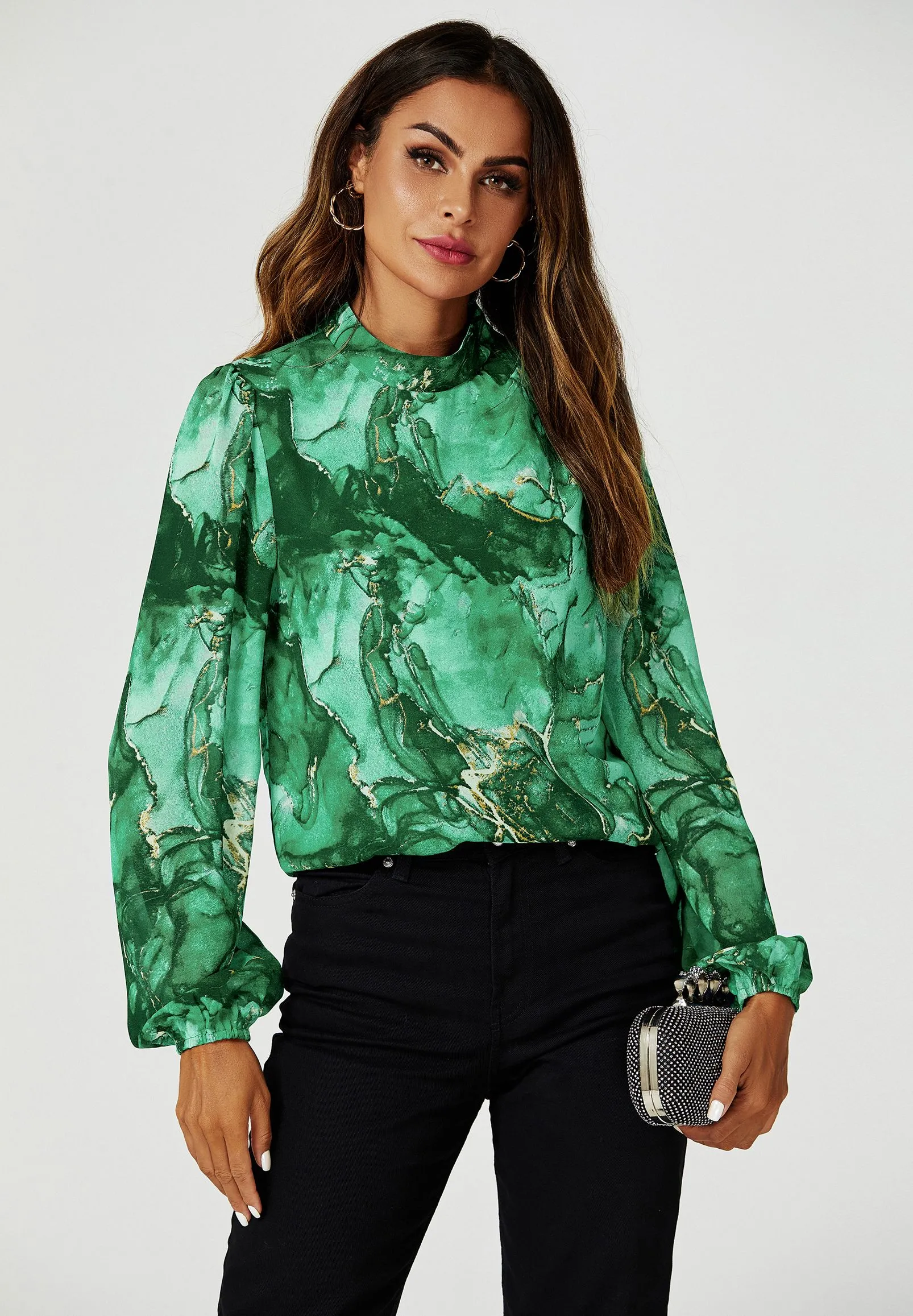 Marble Print Long Sleeve High Neck Top