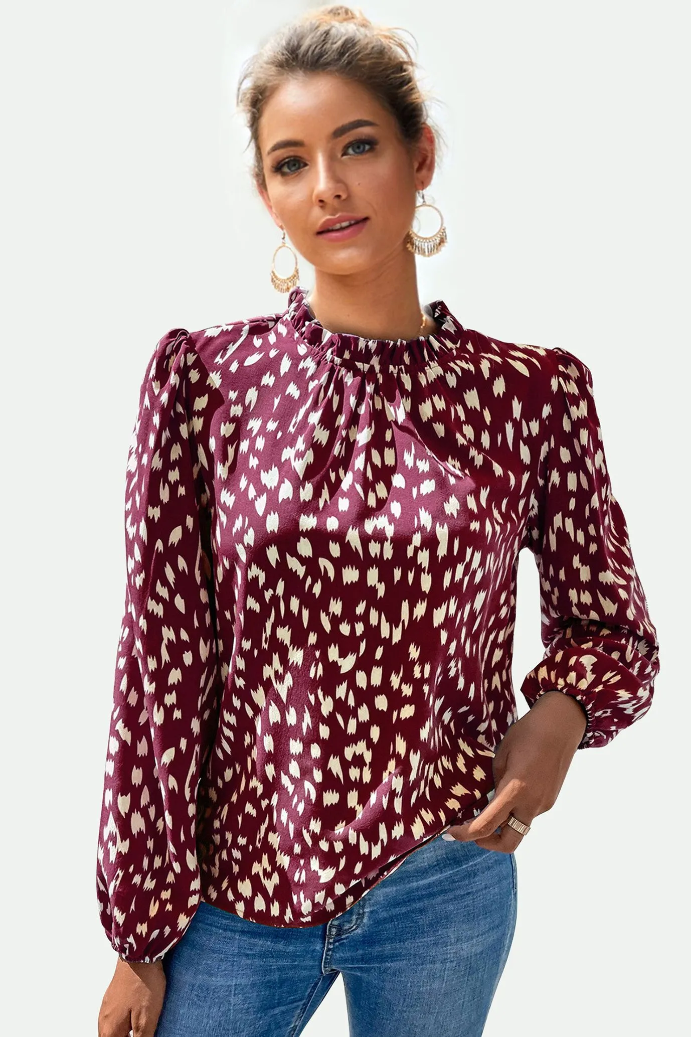 Animal Print Frill Detail High Neck Top In Wine