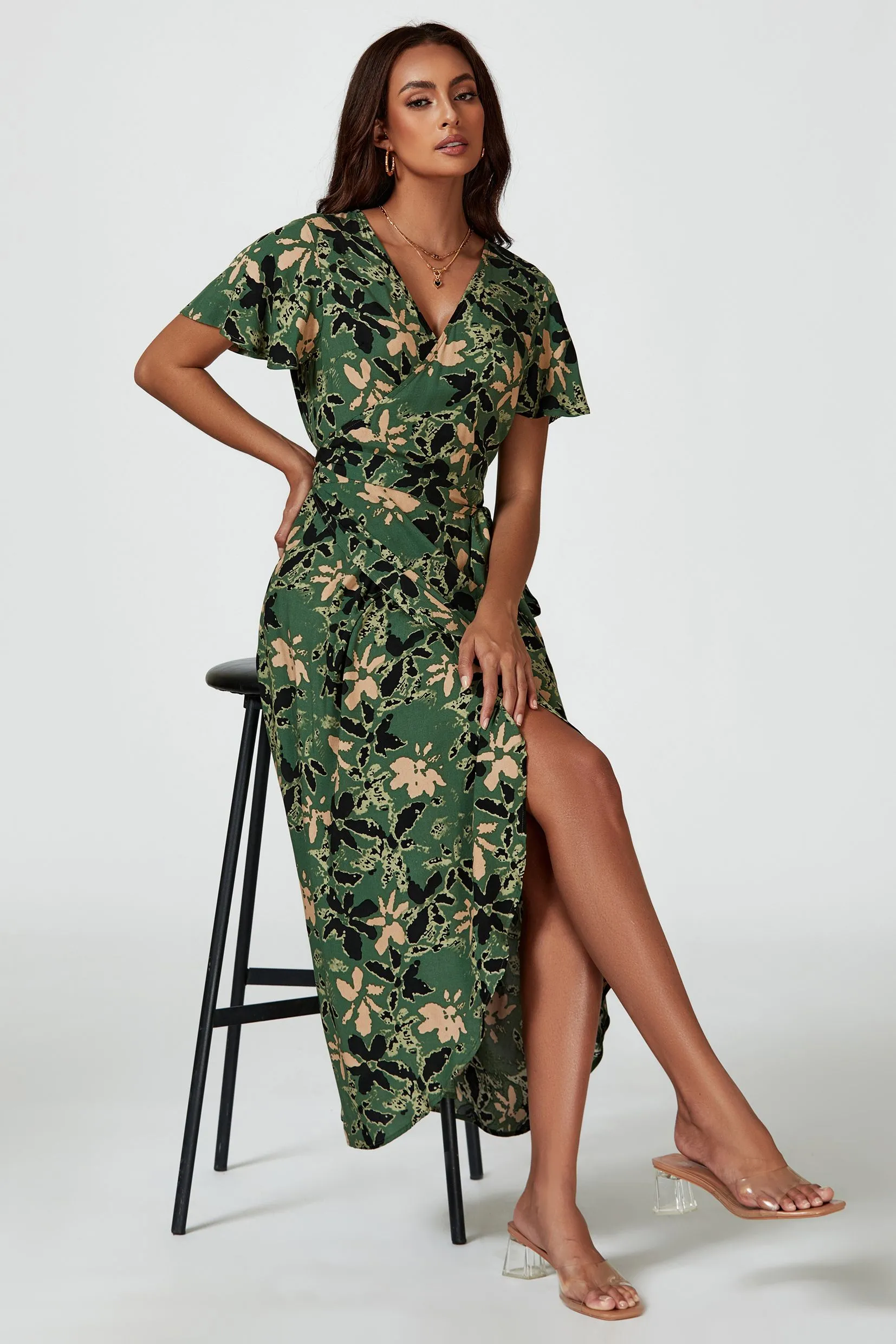 Abstract Floral Wrap Maxi Dress In Olive