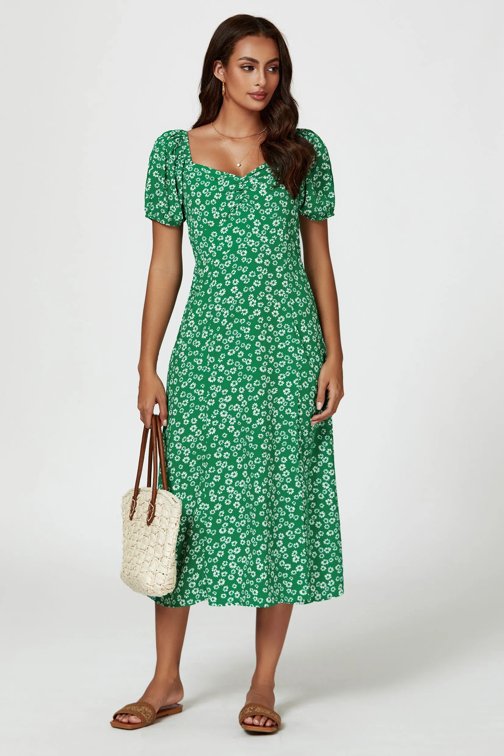Puff Sleeve Heart Neckline Midi Dress In Green