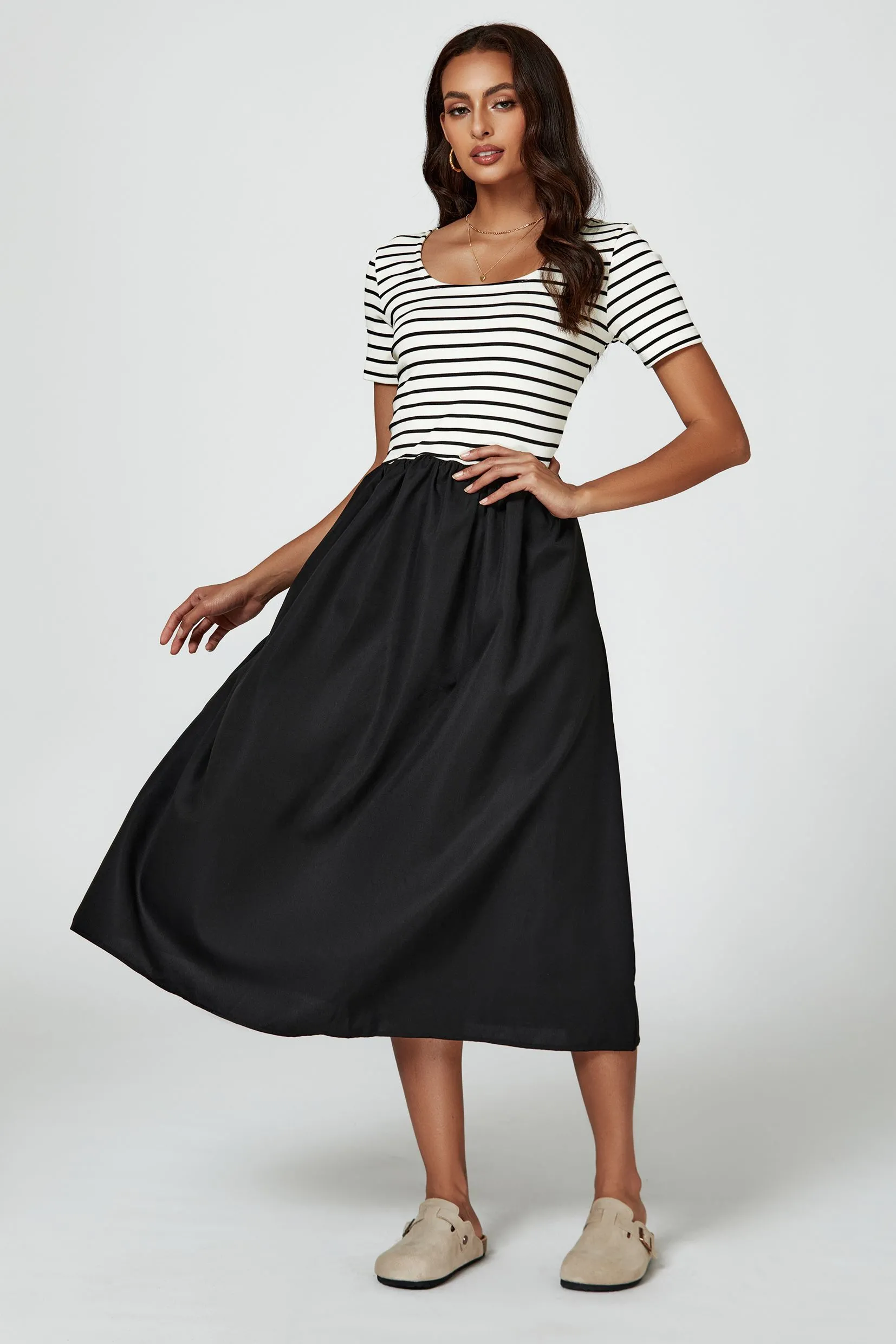 Short Sleeve Black Stripe Midi Dress In White
