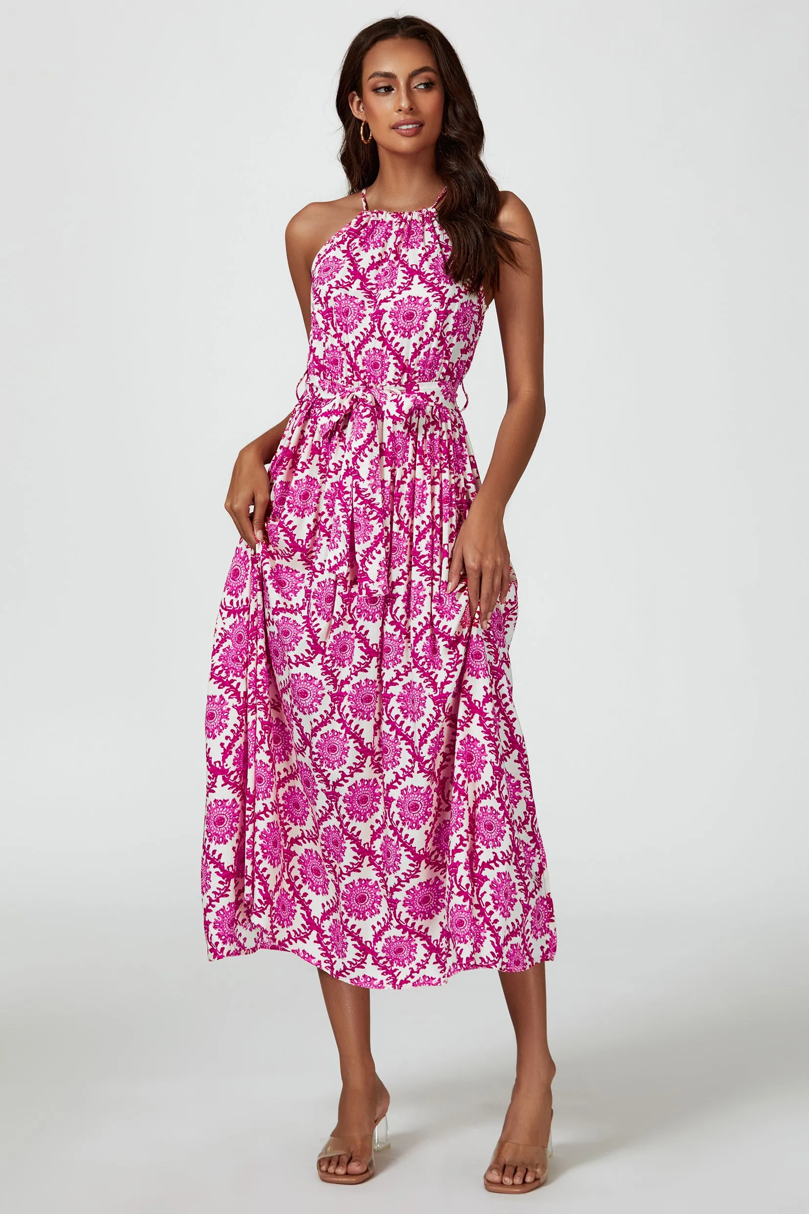 Floral Print Tie Halterneck Maxi Dress In Pink