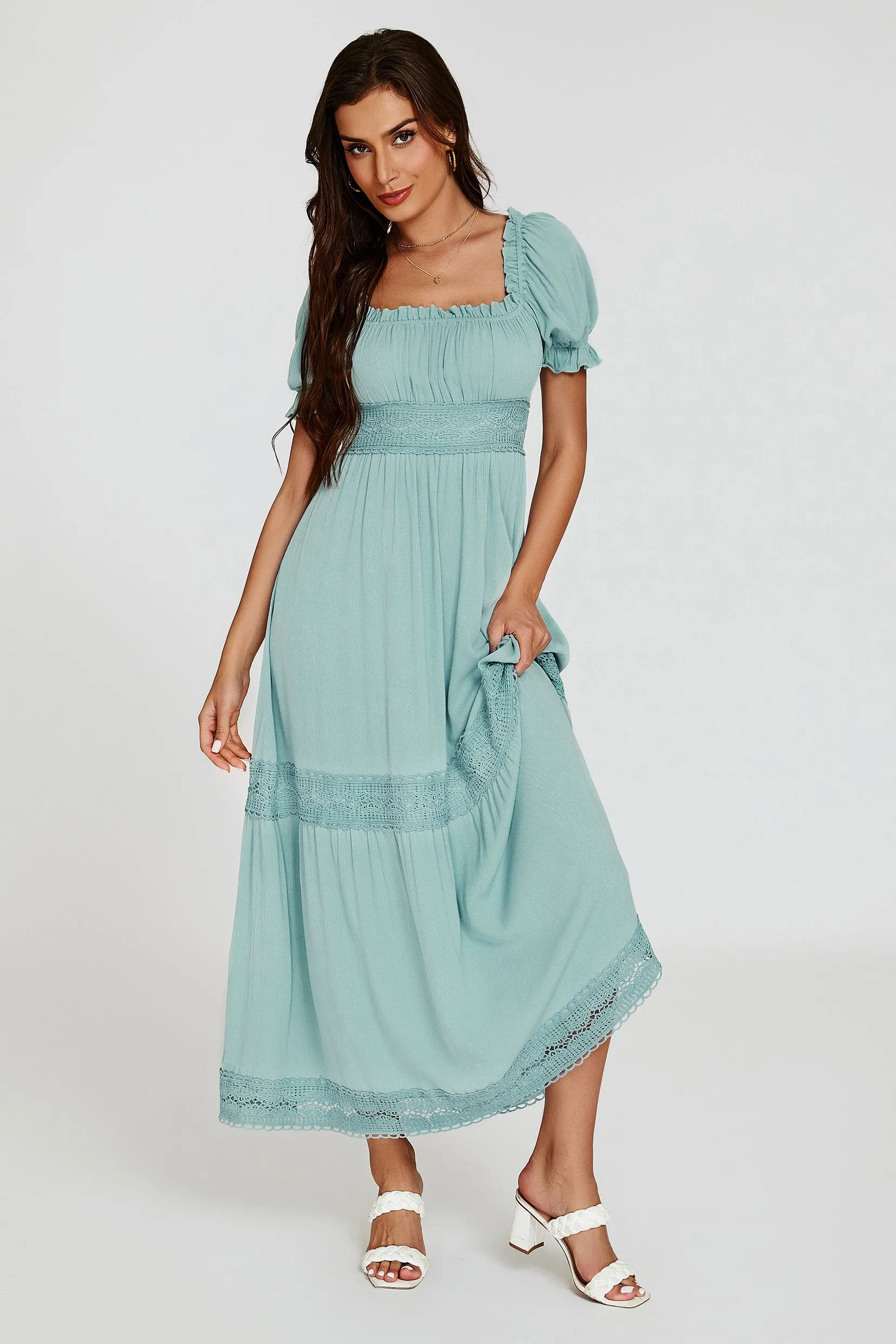 Lace Detail Bardot Maxi Dress In Blue