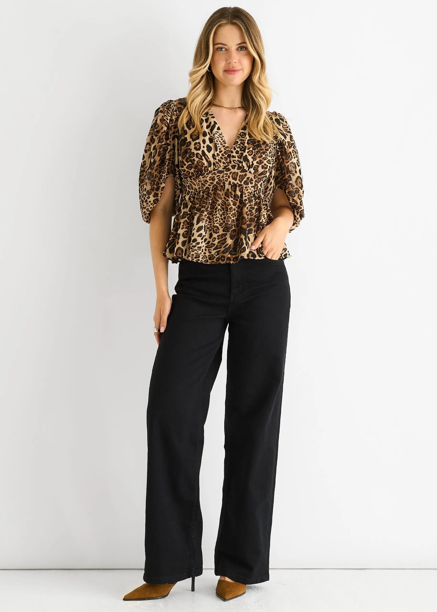 Brown Animal Print V Neck Peplum Blouse