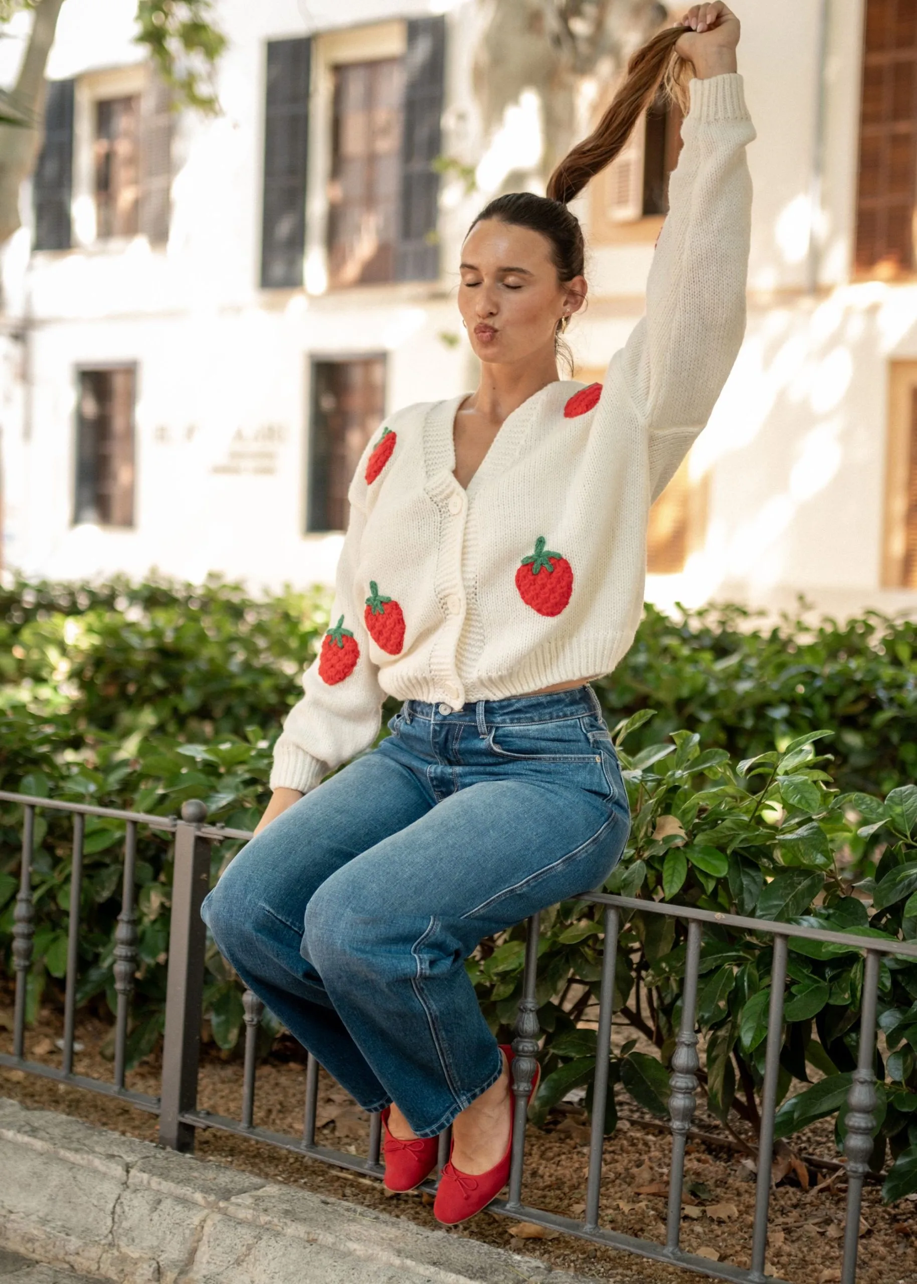 Cream Contrast Strawberry Knitted Short Cardigan