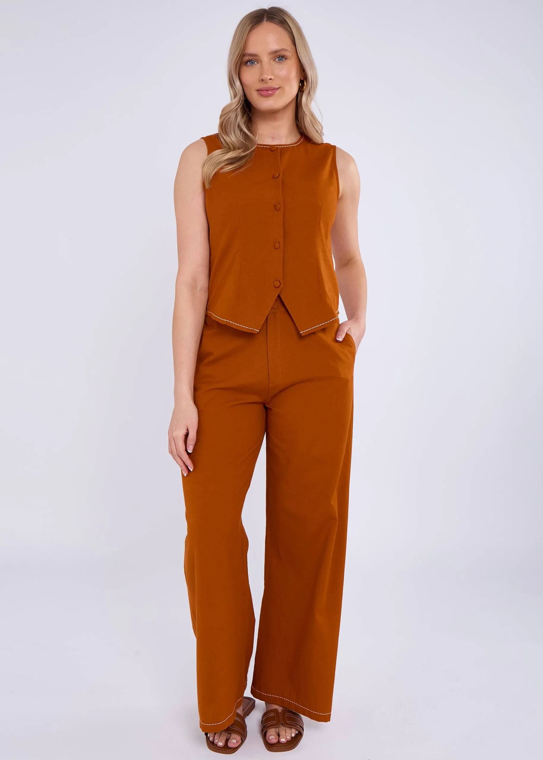 Rust Cotton Contrast Stitch Detail Waist Coat