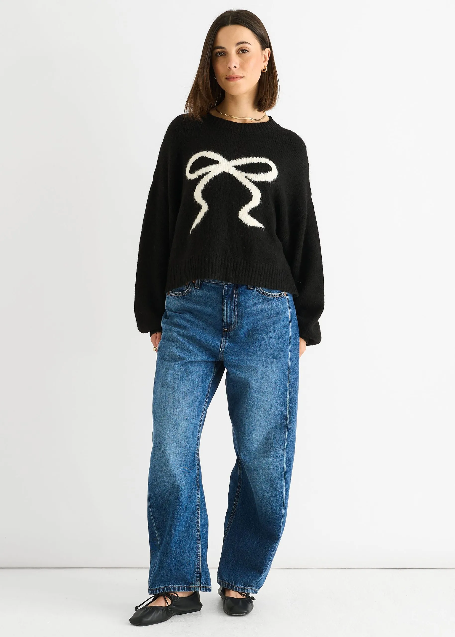 Black Embossed Contrast Bow Short Knit Jumper