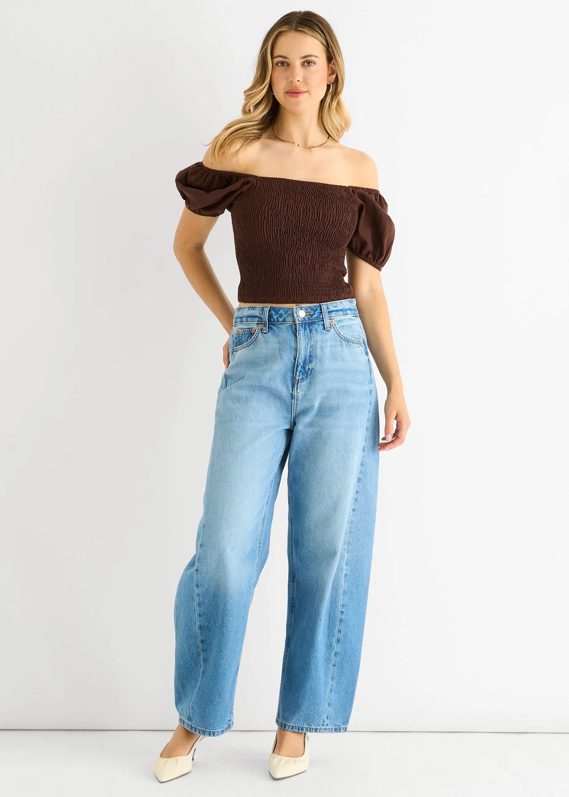 Chocolate Puff Sleeve Shirred Cotton Top