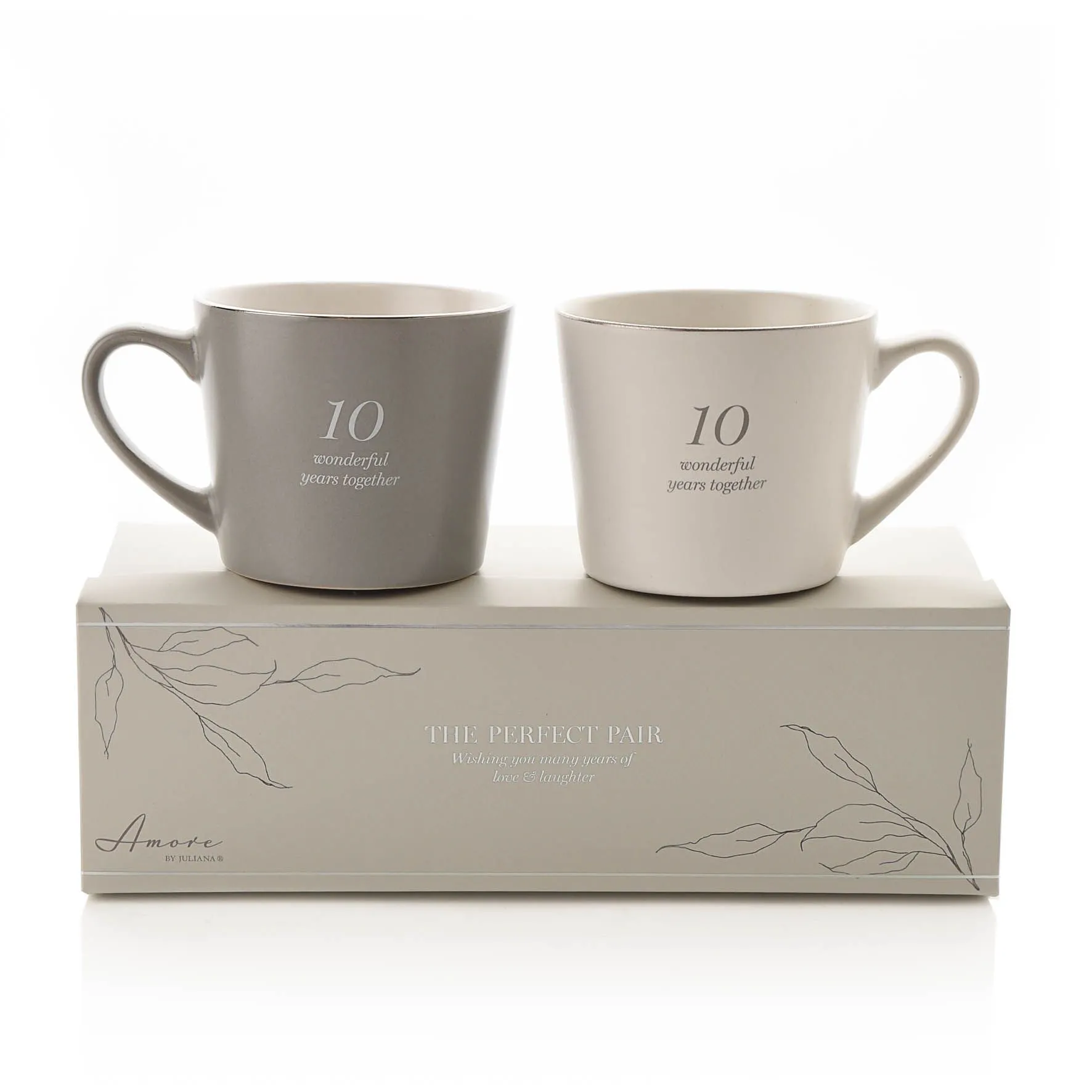Set of 2 Grey & White Mugs - 10th Anniversary