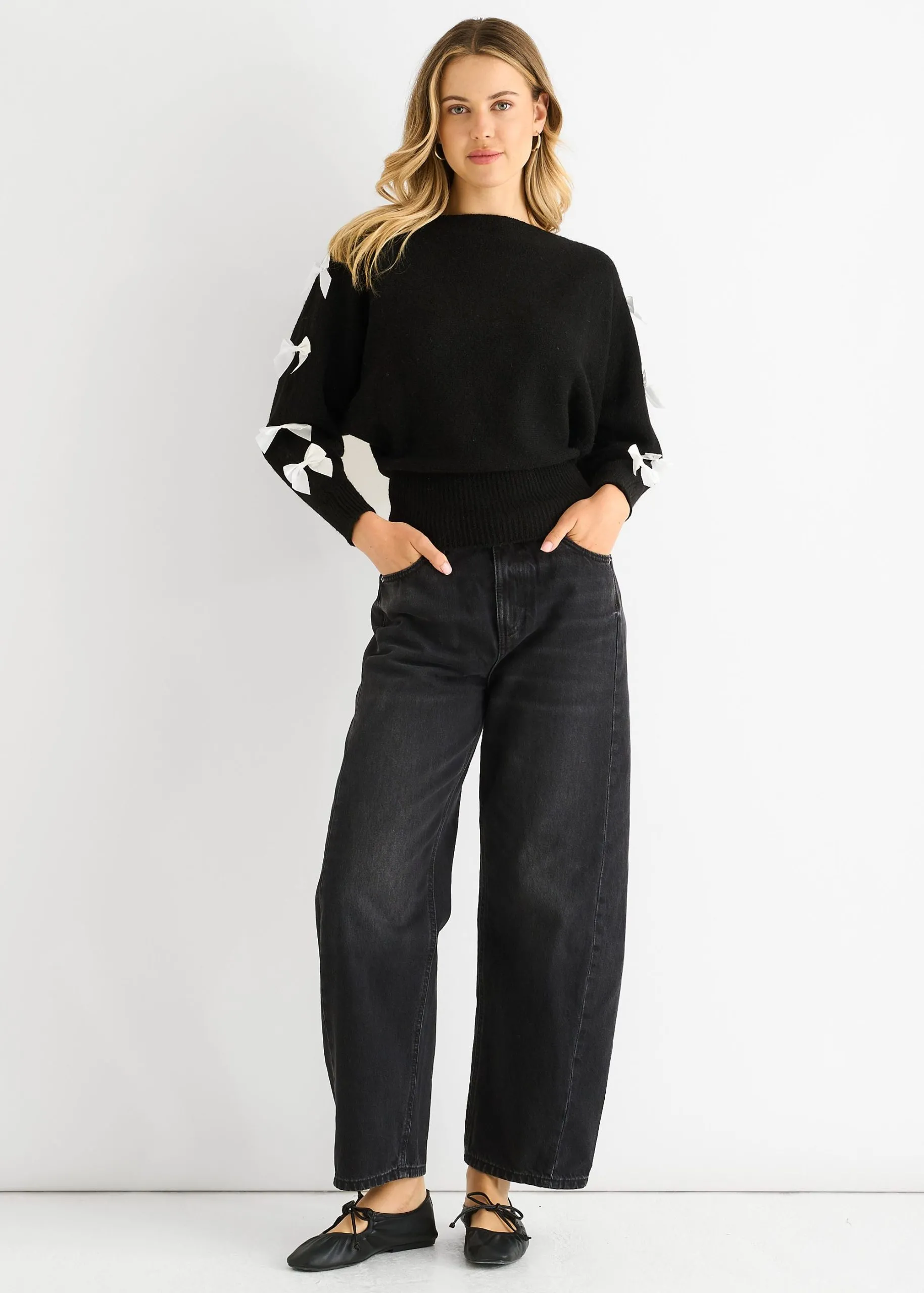 Black Slash Neck Crop Bow Knit Jumper