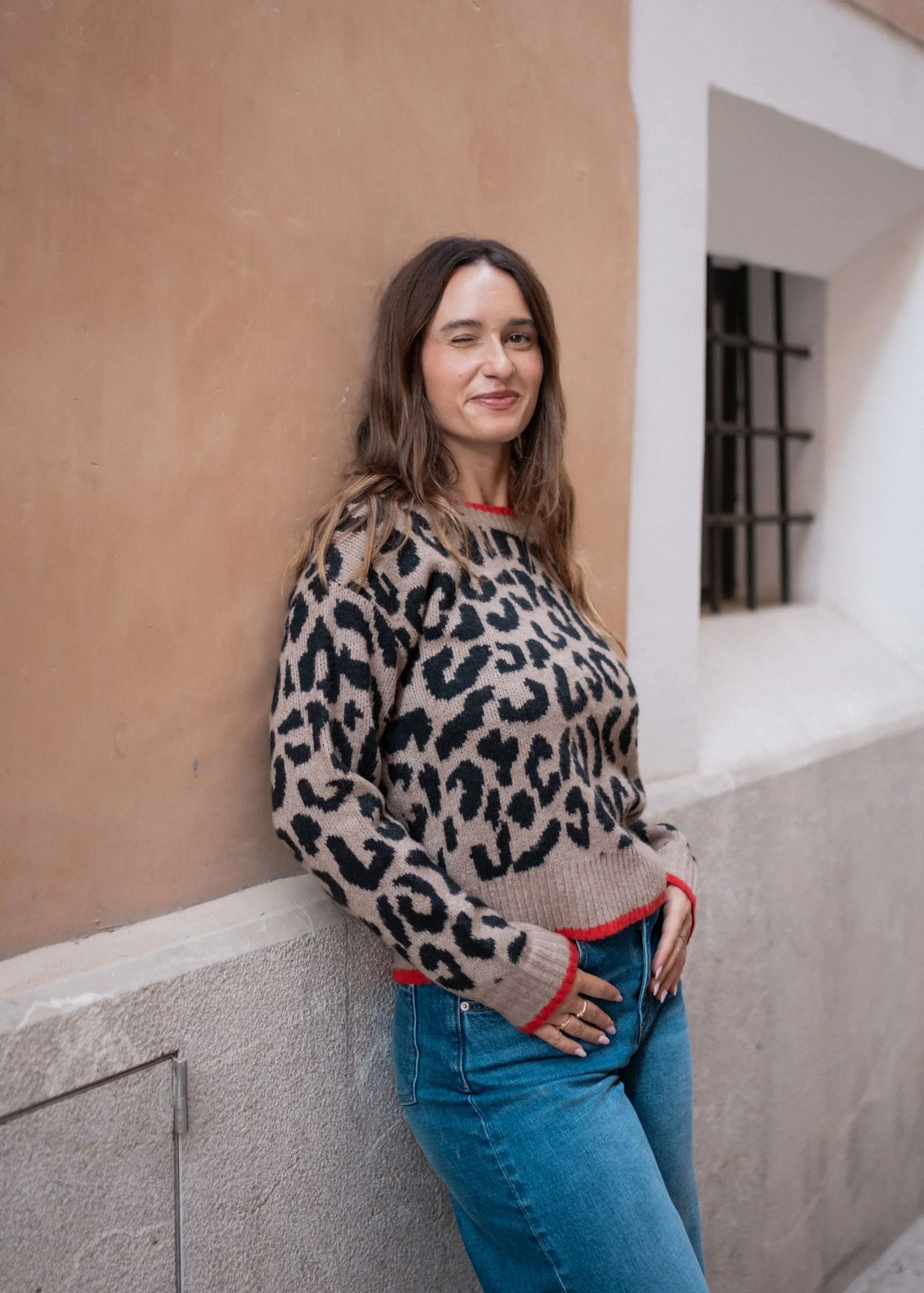 Camel Contrast Piping Animal Knit Jumper