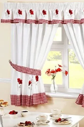 Poppies Floral Embroidered Taped Curtains With Tie Backs