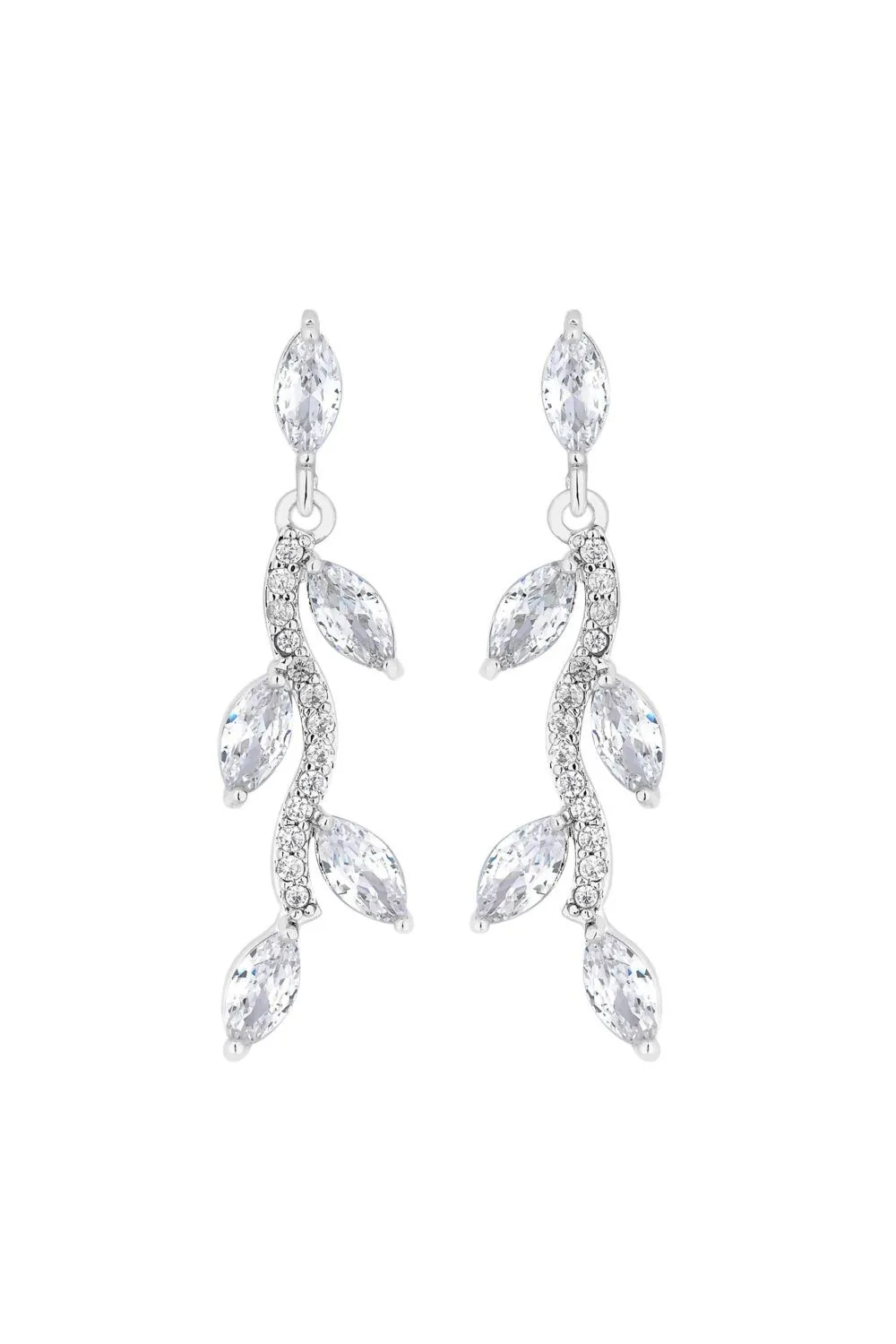 Silver Crystal Leaf Drop Earrings