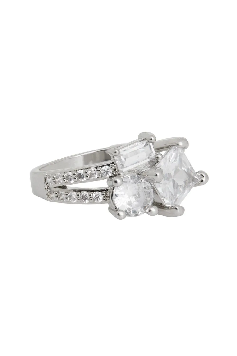 Rhodium Plate Cubic Zirconia Mixed Stone Ring