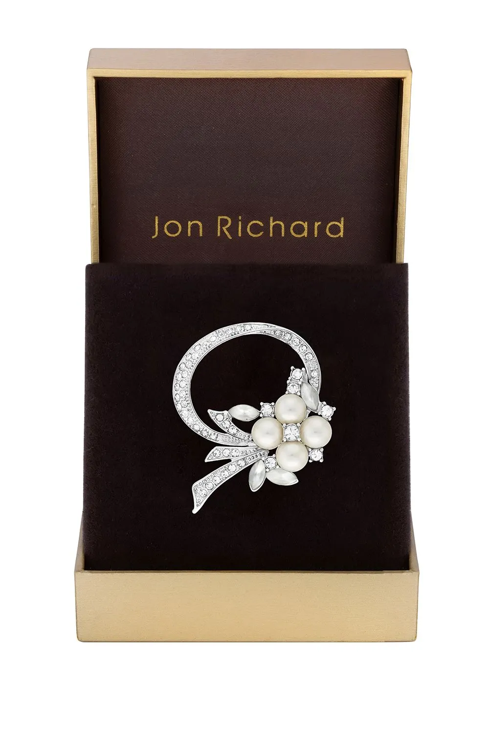 Rhodium Plated Open Bouquet Pearl And Crystal Brooch - Gift Boxed