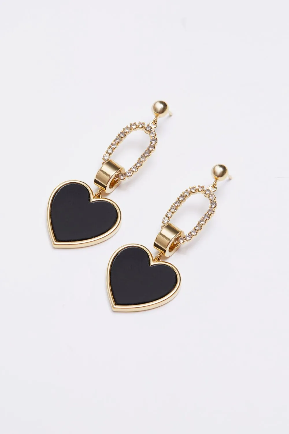 Gold Black Enamel And Crystal Heart Link Drop Earrings