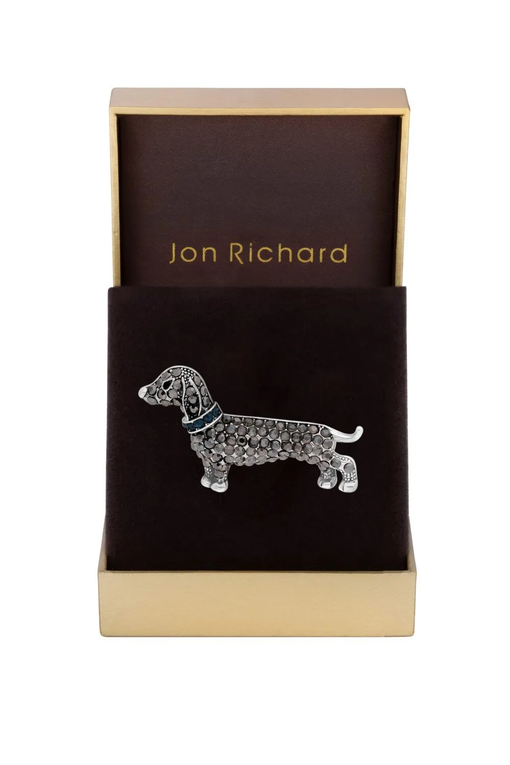 Rhodium Plated Hematite Sausage Dog Brooch - Gift Boxed