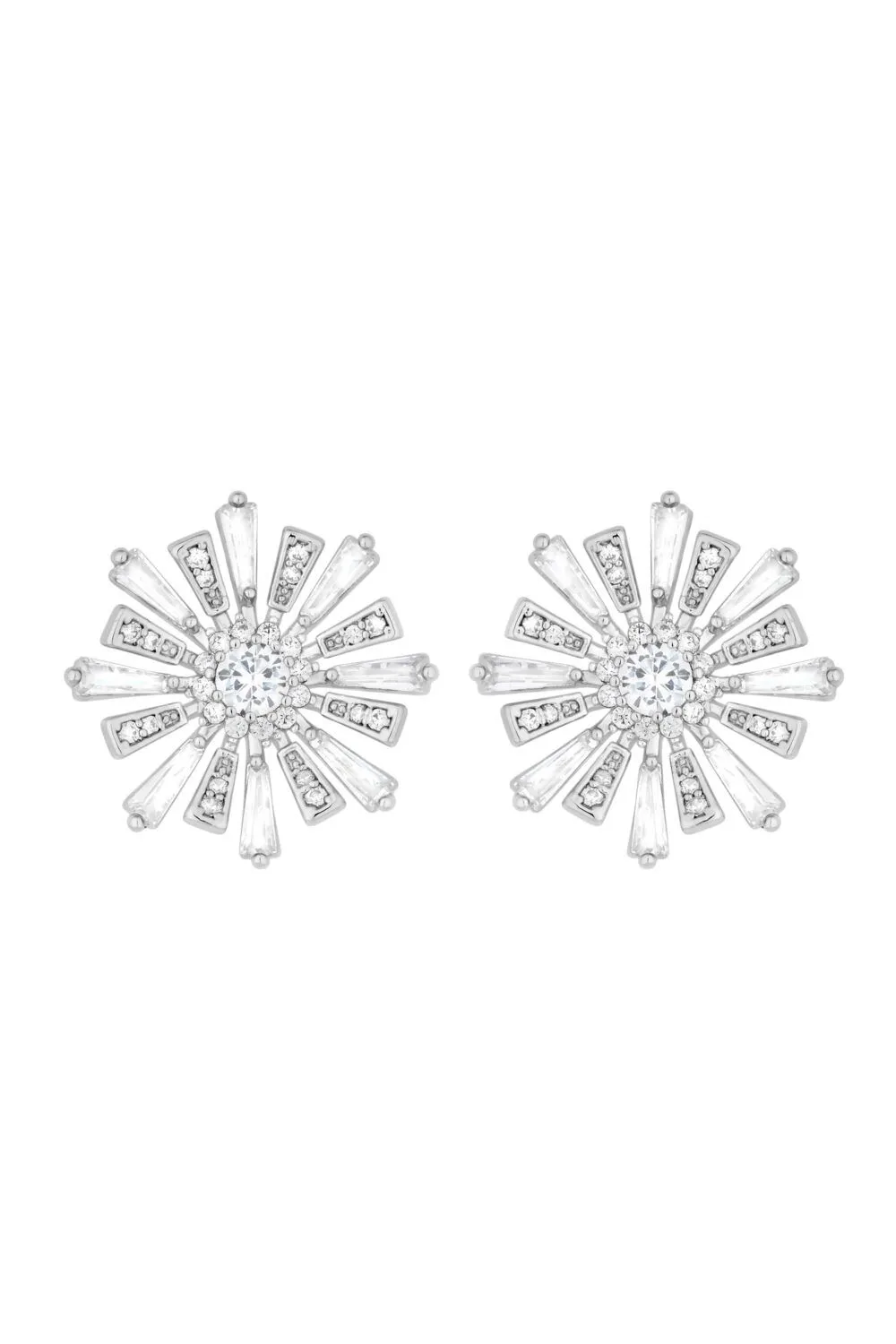 Rhodium Plated Baguette Starburst Stud Earrings