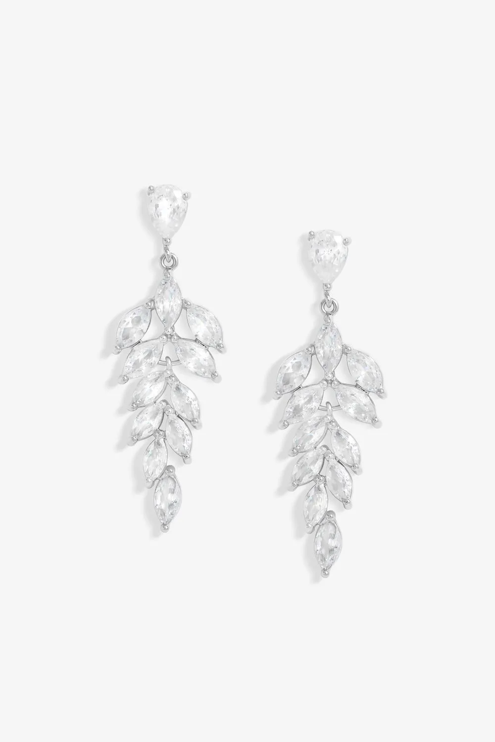 Rhodium Plated Cubic Zirconia Leaf Drop Earrings