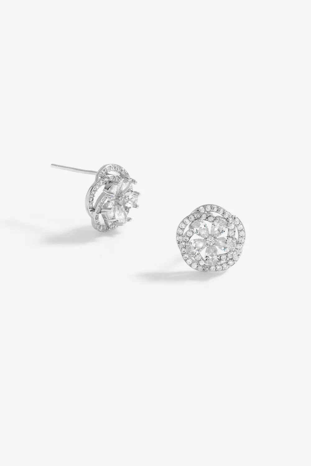 Rhodium Plated Cubic Zirconia Flower Stud Earrings