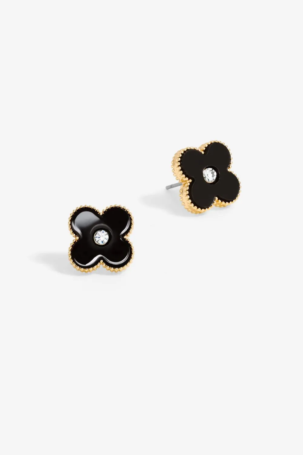 Gold Plated Jet Enamel Clover Stud Earrings