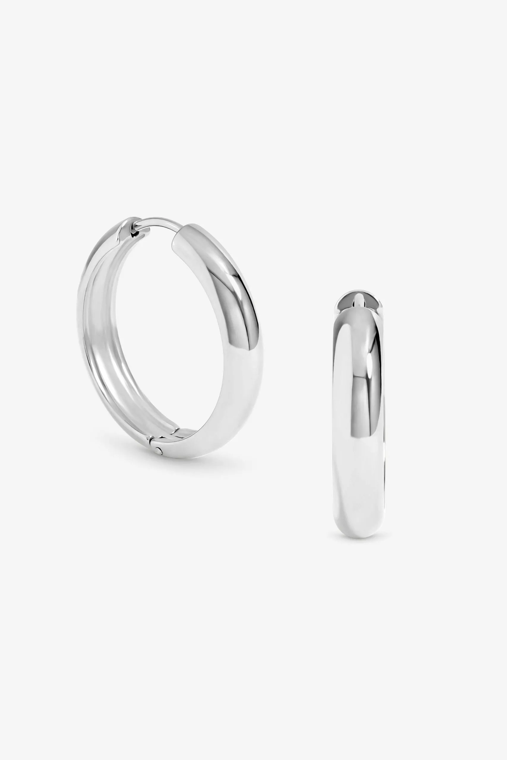 Waterproof Silver Plated Medium Flat Surface Hoop Earrings