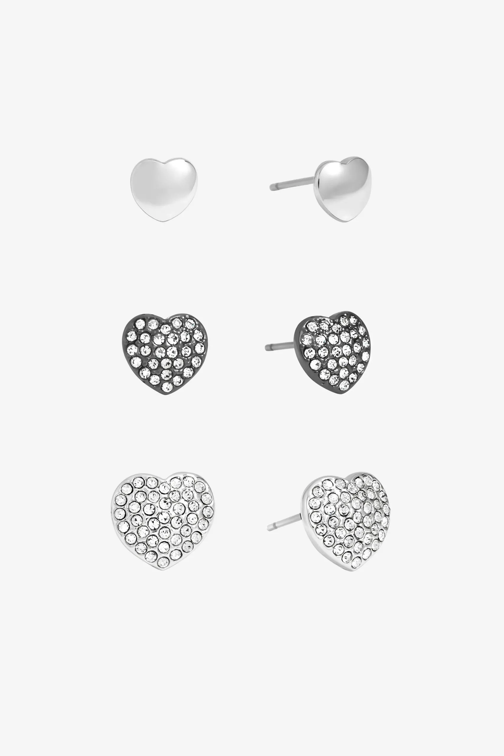 Mixed Plated Crystal Heart Stud Earrings - Pack of 3