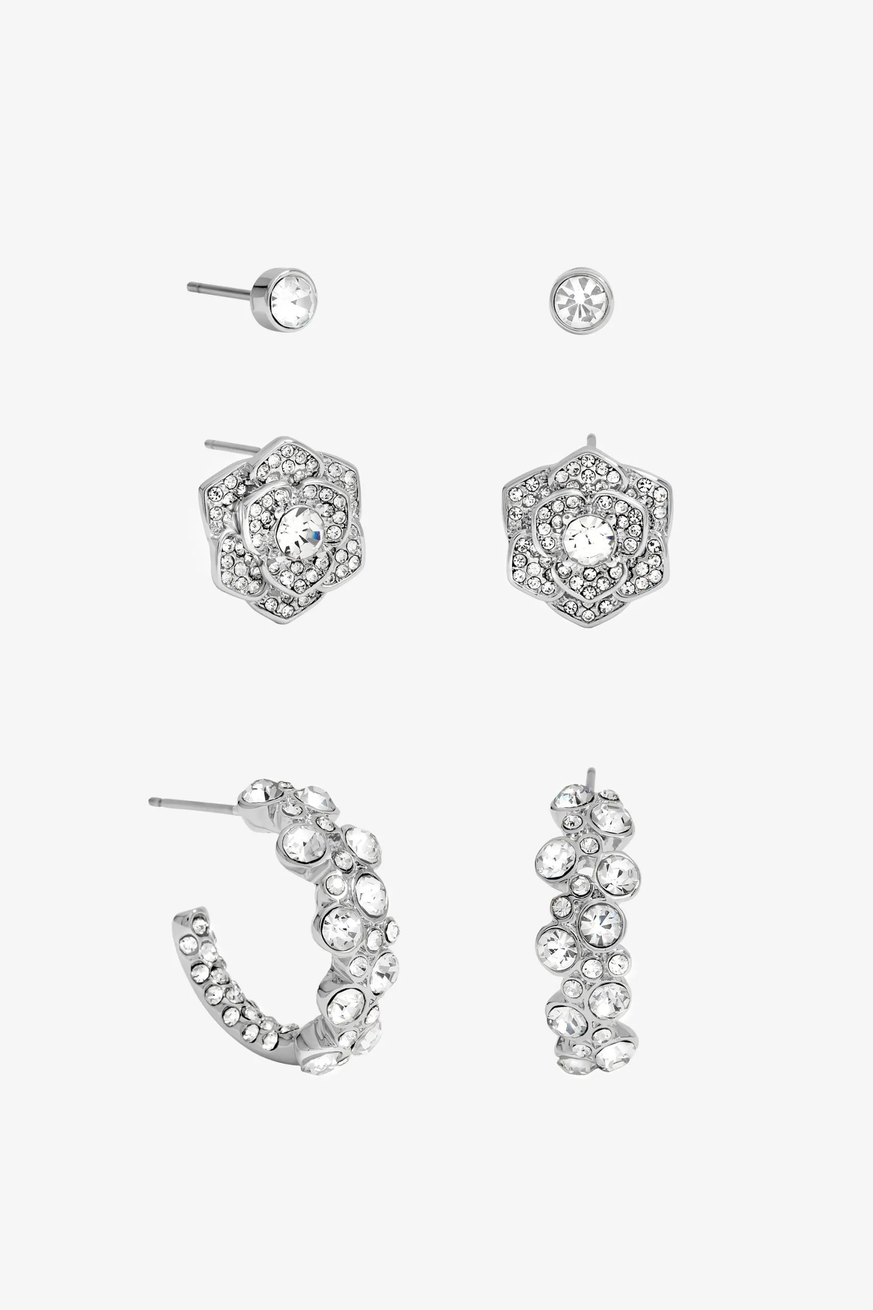 Silver Floral Crystal Stud & Hoop Earrings - Pack of 3