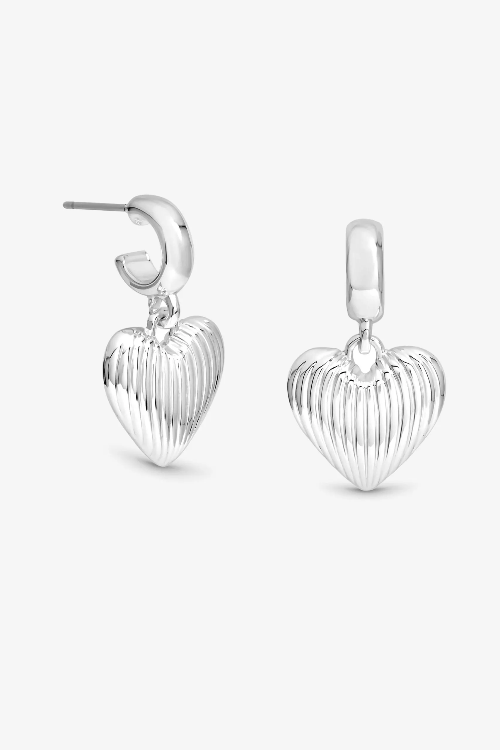 Silver Polished Ridged Heart Huggie Earrings