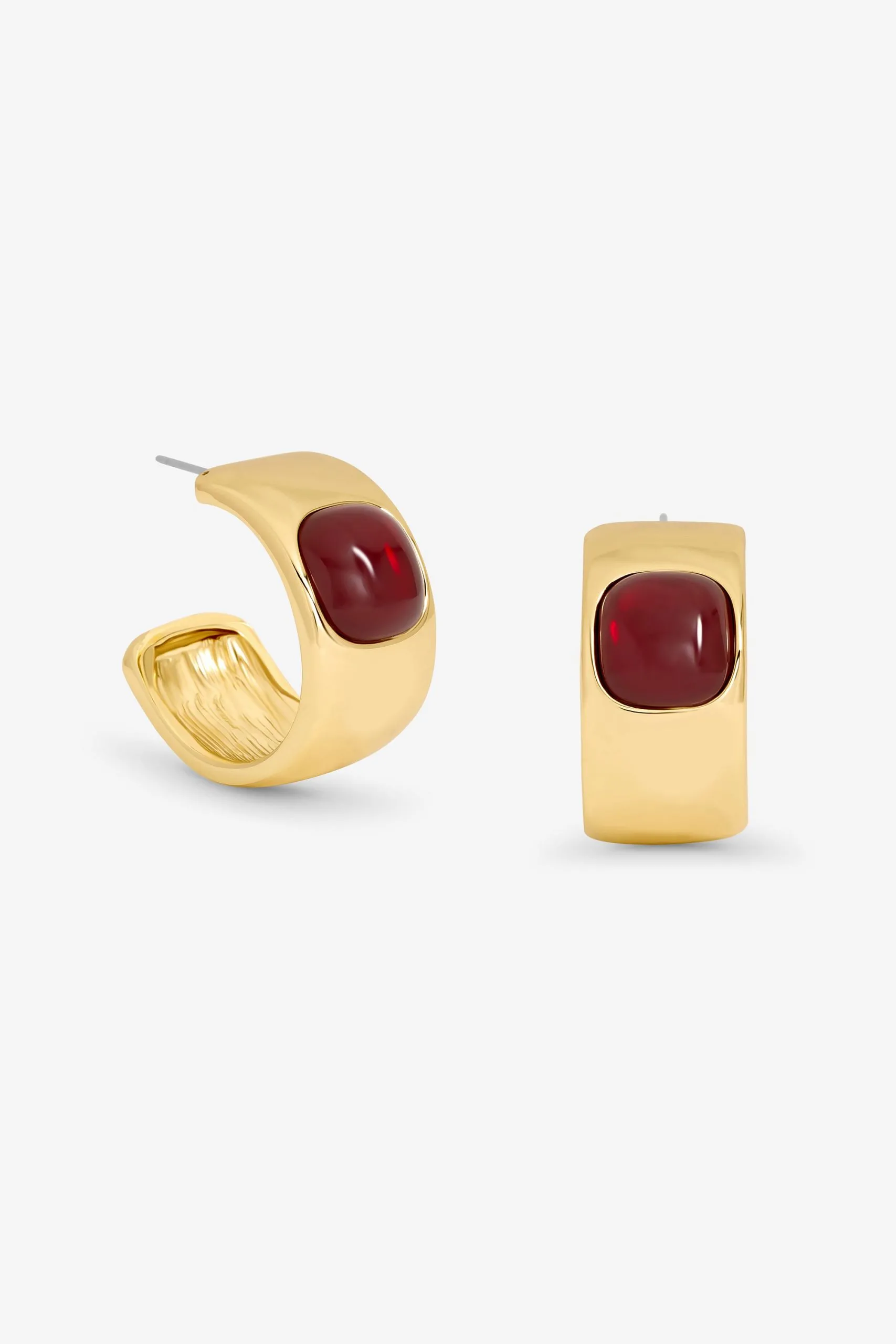 Gold Polished & Red Resin Chubby Hoop Earrings