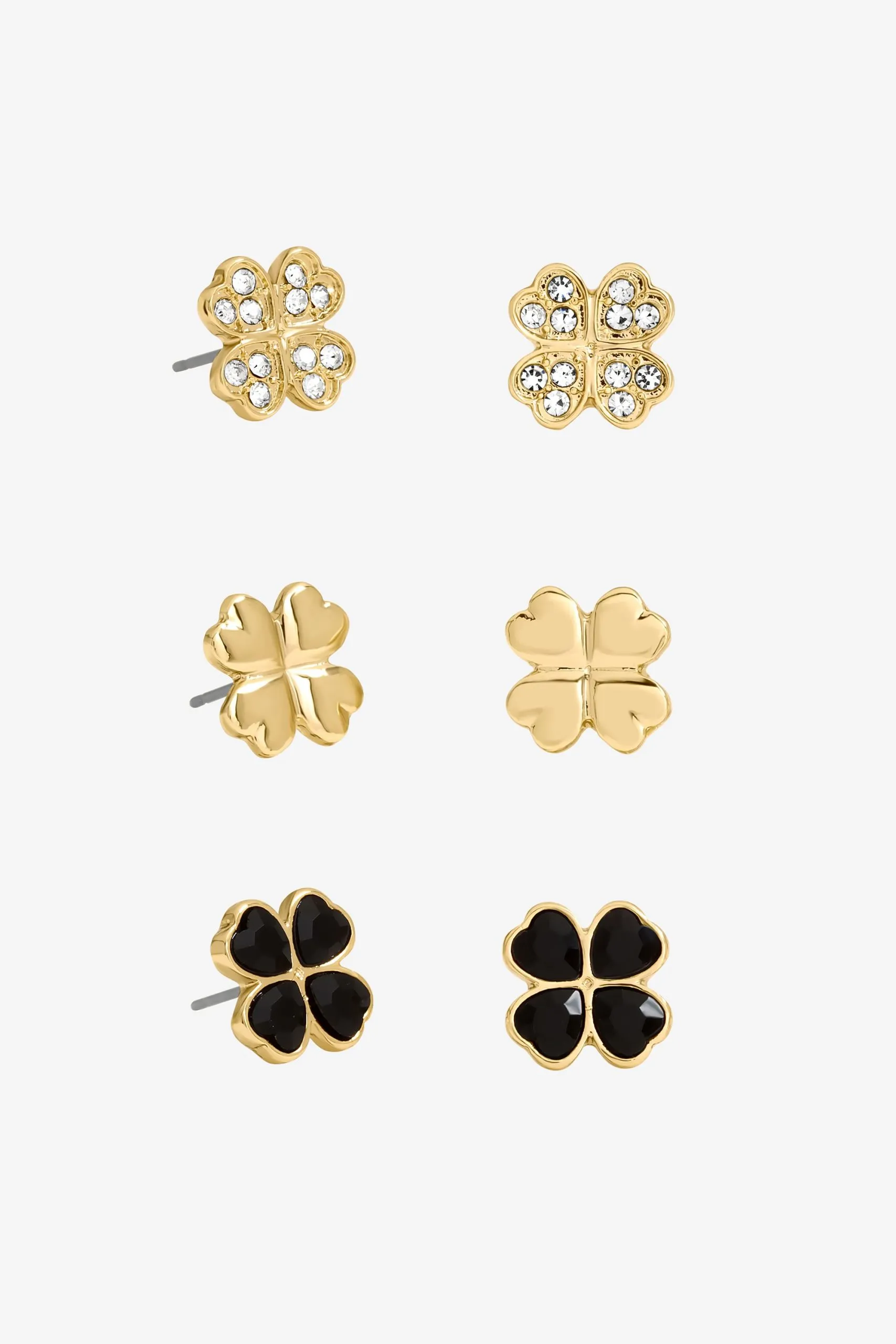 Gold & Jet Crystal Clover Stud Earrings - Pack of 3