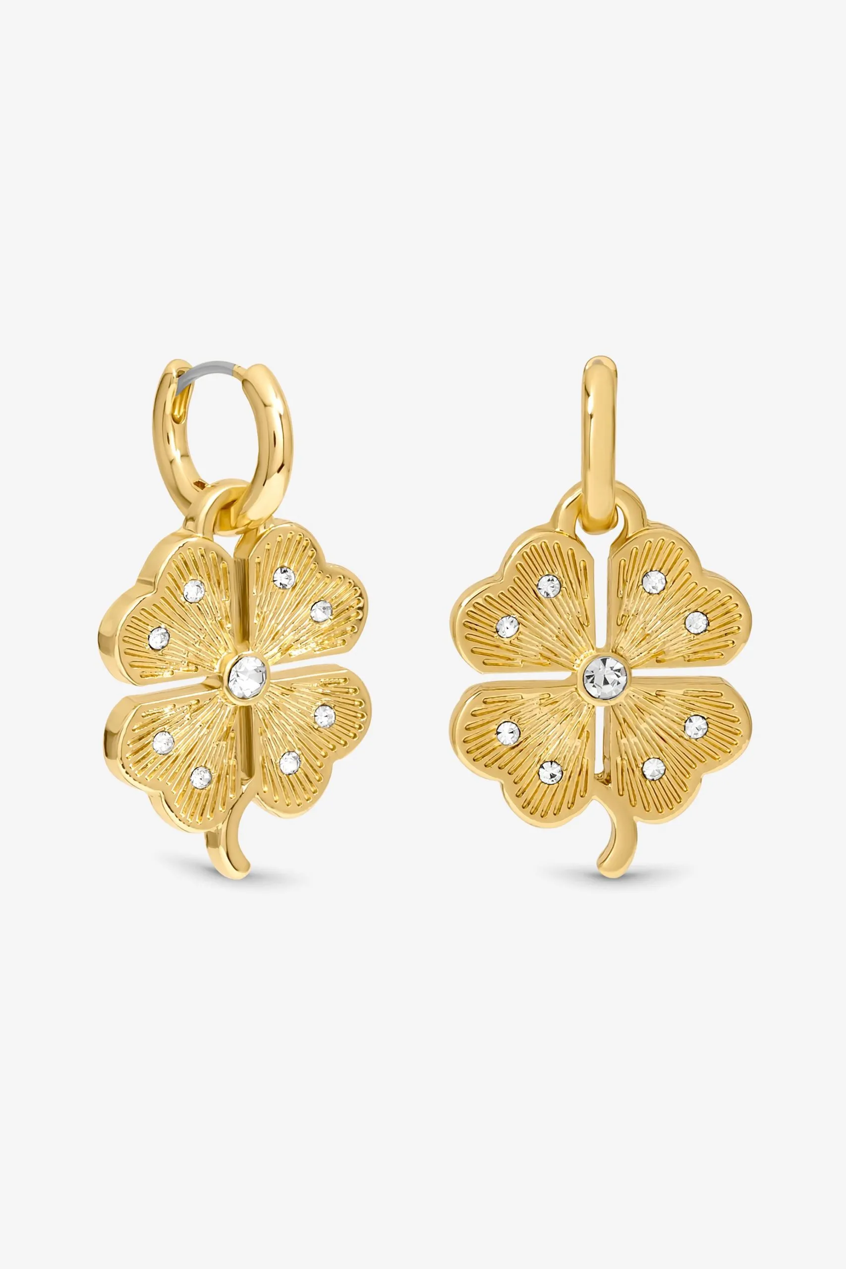 Gold & Crystal Clover Charm Huggie Earrings
