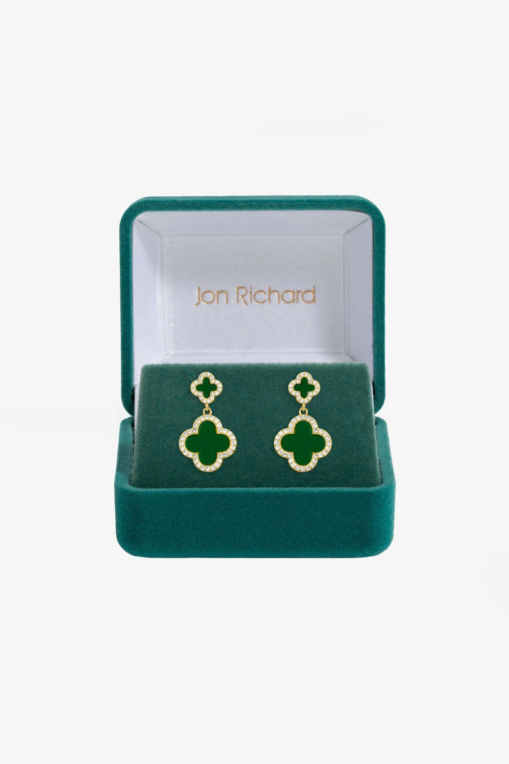 Gold Plated and Emerald Clover Earrings - Gift Box